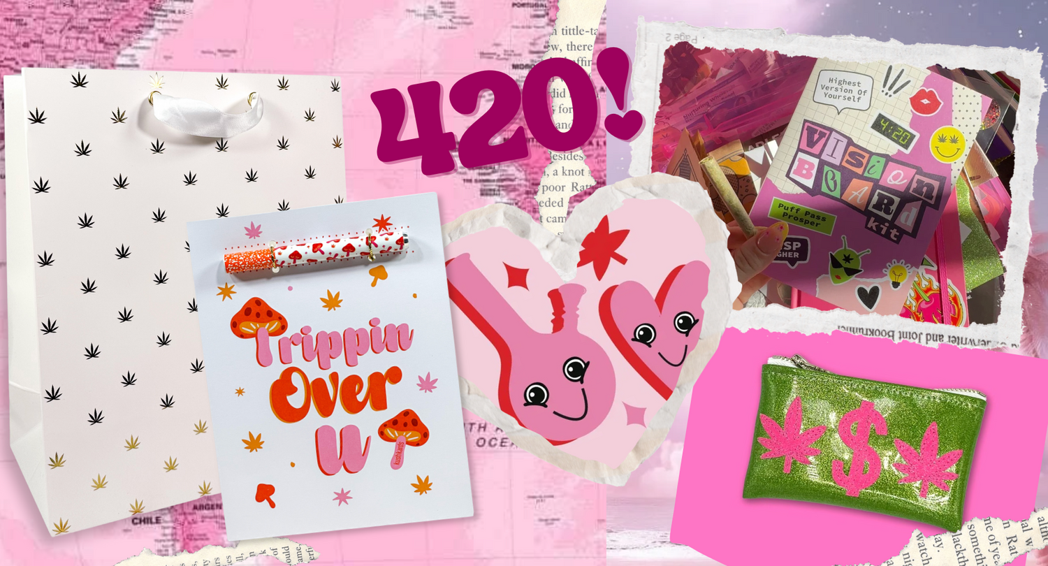 A colorful collage of KushKards products, including a white gift bag with small cannabis leaves, a 'Trippin Over U' greeting card with a pre-roll, a pink heart-shaped pillow, a 'Vision Board' kit, and a green glitter clutch with a cannabis leaf design."