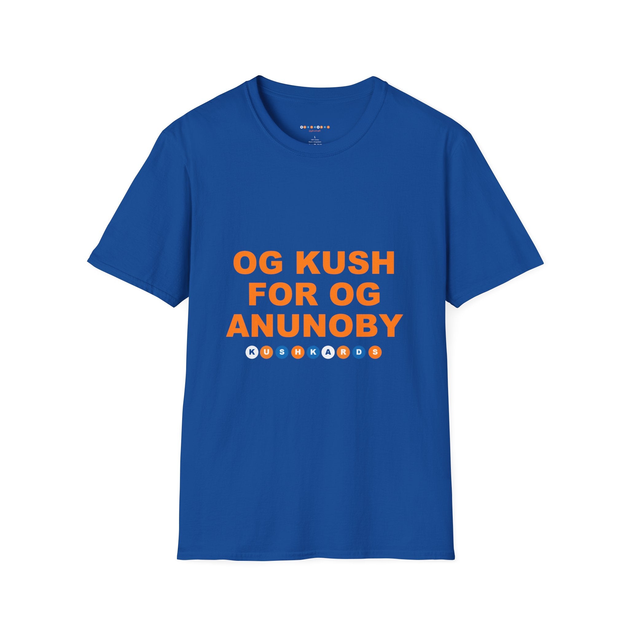 Blue t-shirt with a knicks graphics with text OG KUSH FOR OG ANUNOBY on white background