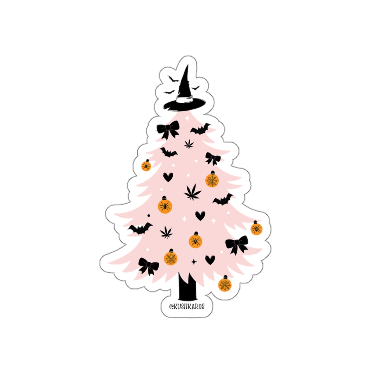 Pink Halloween Tree with Black Hearts, Bats and Bows and Orange Ornaments with a Witch Hat as the Christmas Tree Topper