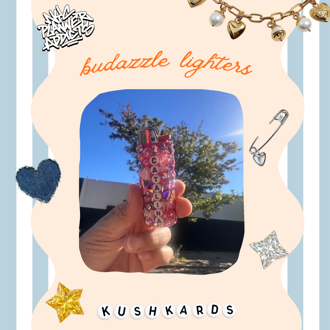 Handmade pink budazzled lighter decorated with sparkling rhinestones, colorful gems, and personalized letter beads. DIY cannabis accessory inspiration for KushKards Tokes & Trinkets 420-friendly Friendsgiving event.