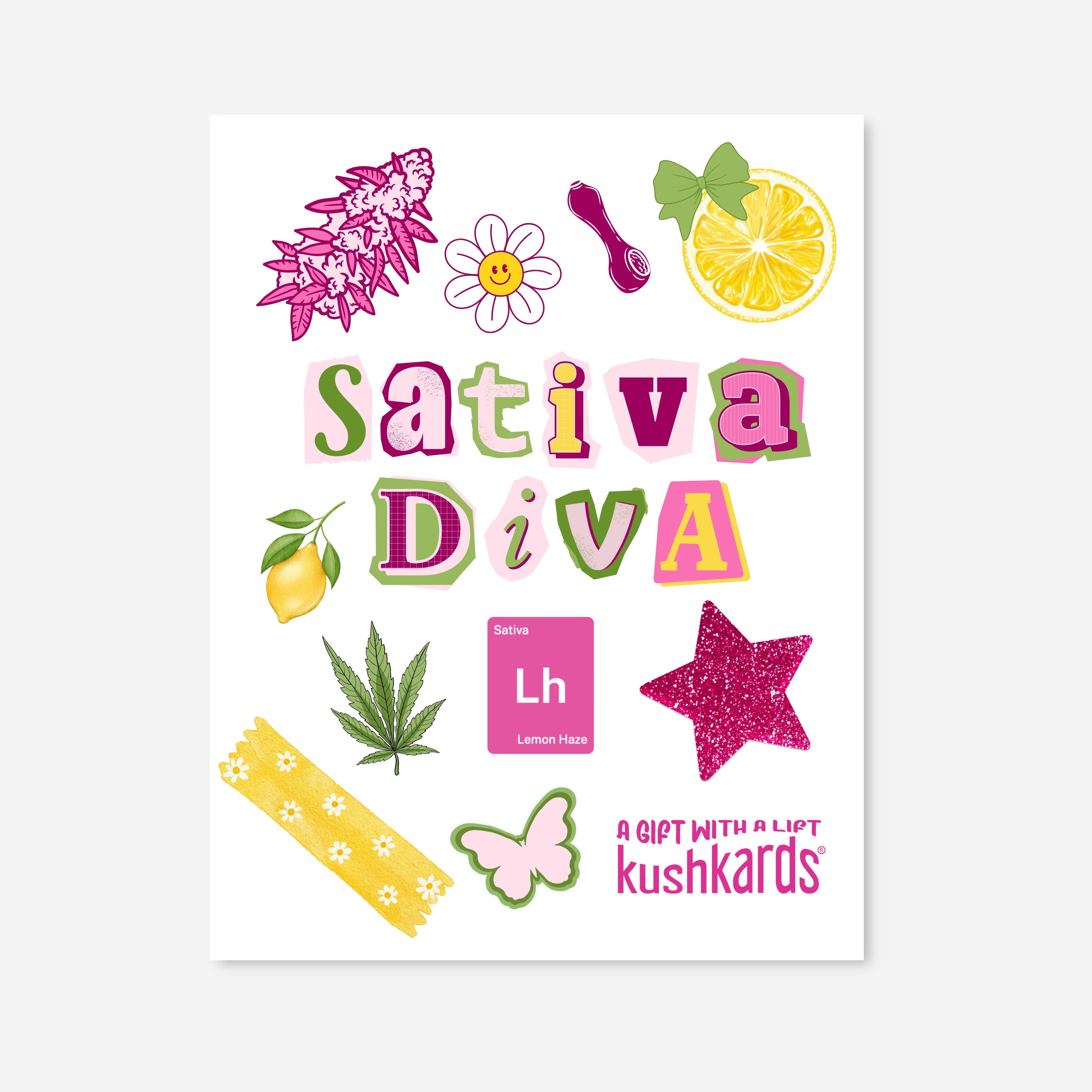 "A collection of colorful Sativa Diva stickers featuring cannabis leaves, lemons, a glittery pink star, a flower, a pipe, a bow, and the text &