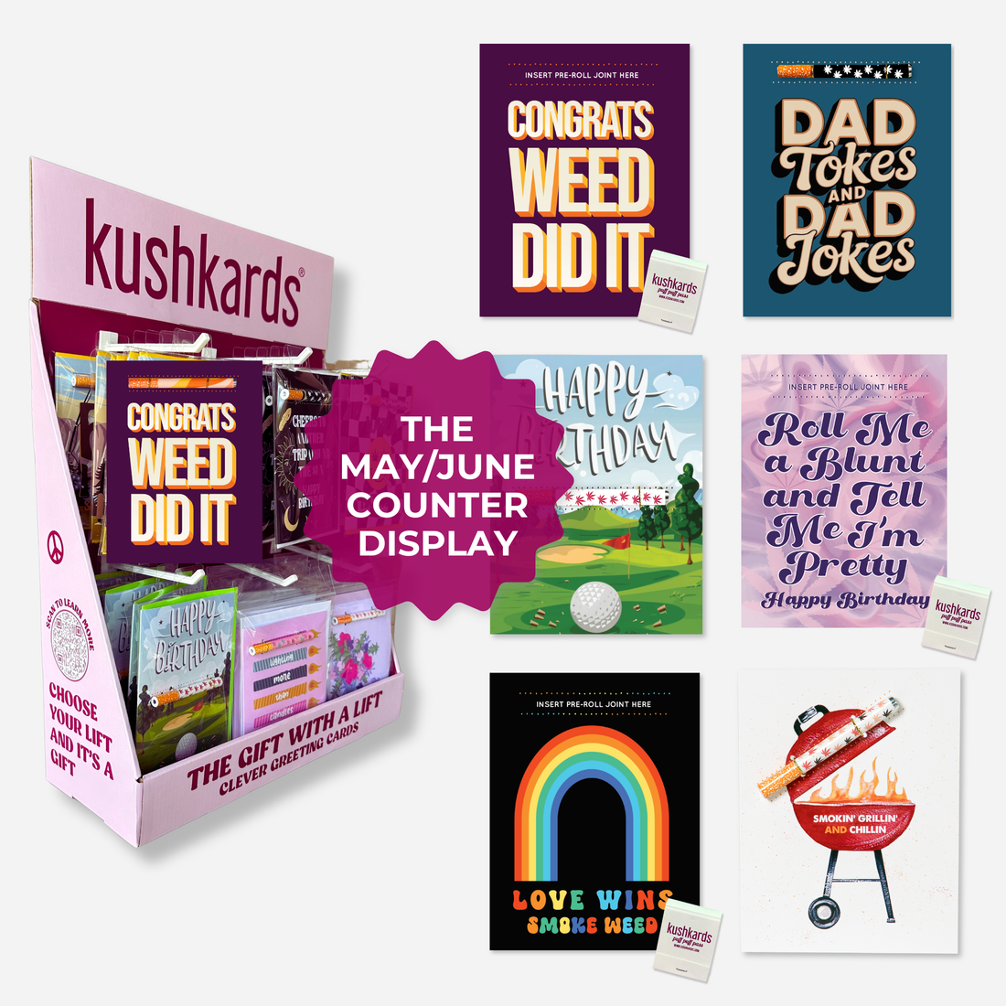 Kushkards product display with various cards and a counter display.