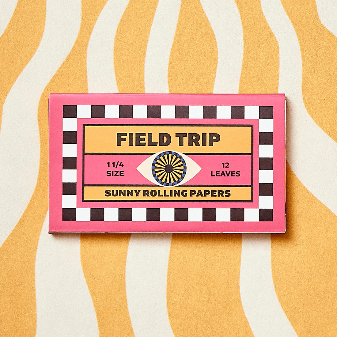 Pack of 12 Sunny Organic Printed Rolling Papers with sunburst pattern, sustainable materials, and organic tips included.