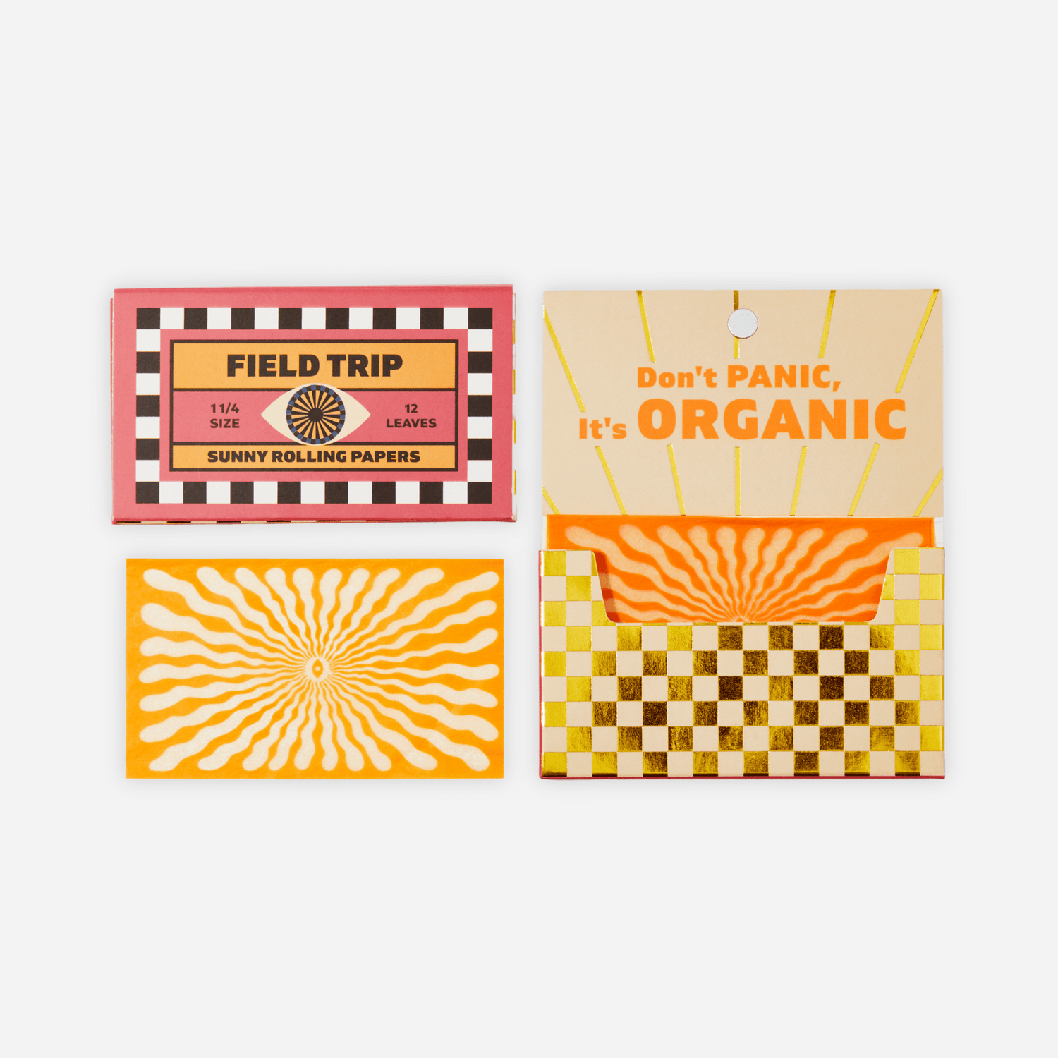 Pack of 12 Sunny Organic Printed Rolling Papers with sunburst pattern, sustainable materials, and organic tips included.