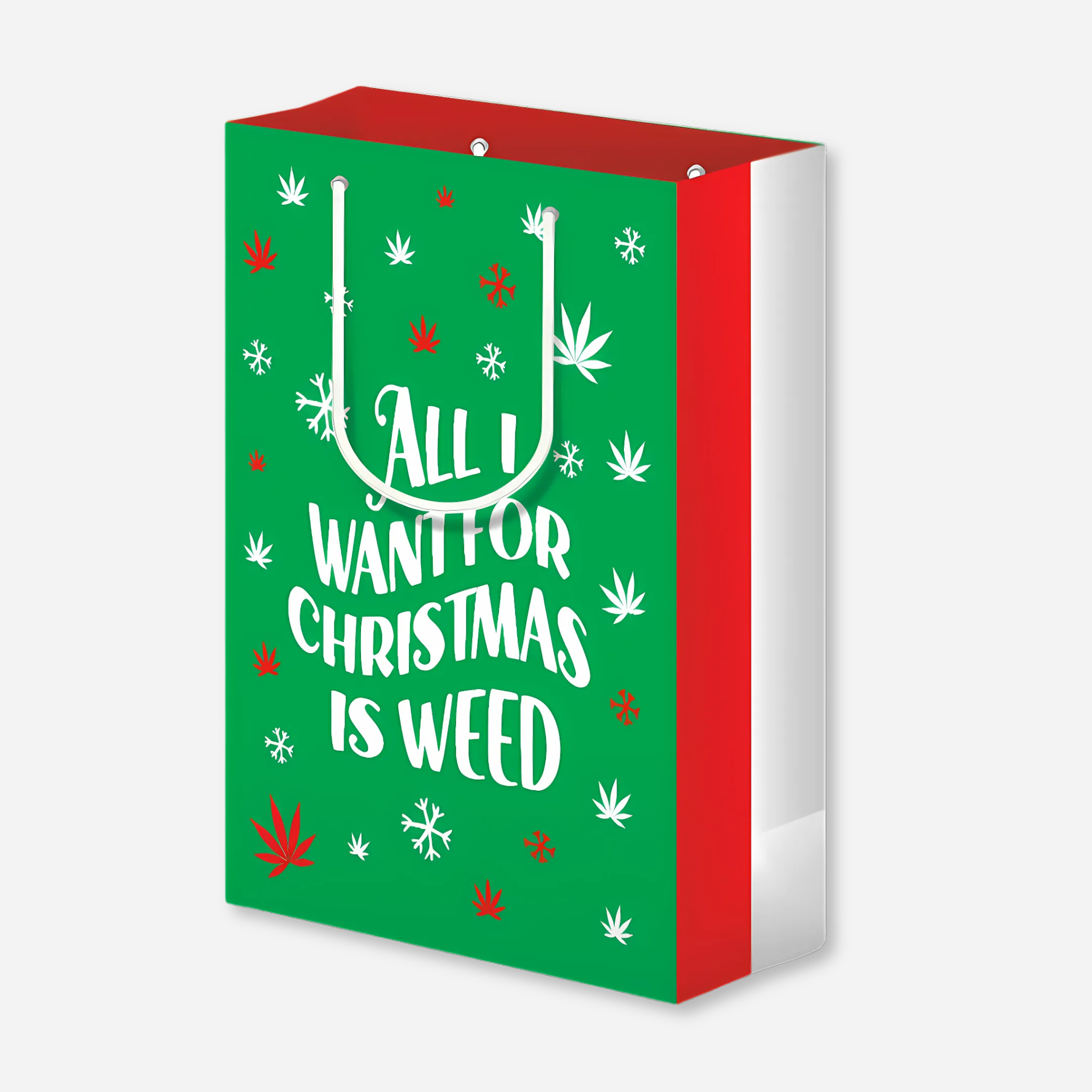 Green and red Christmas-themed gift bag with the text &