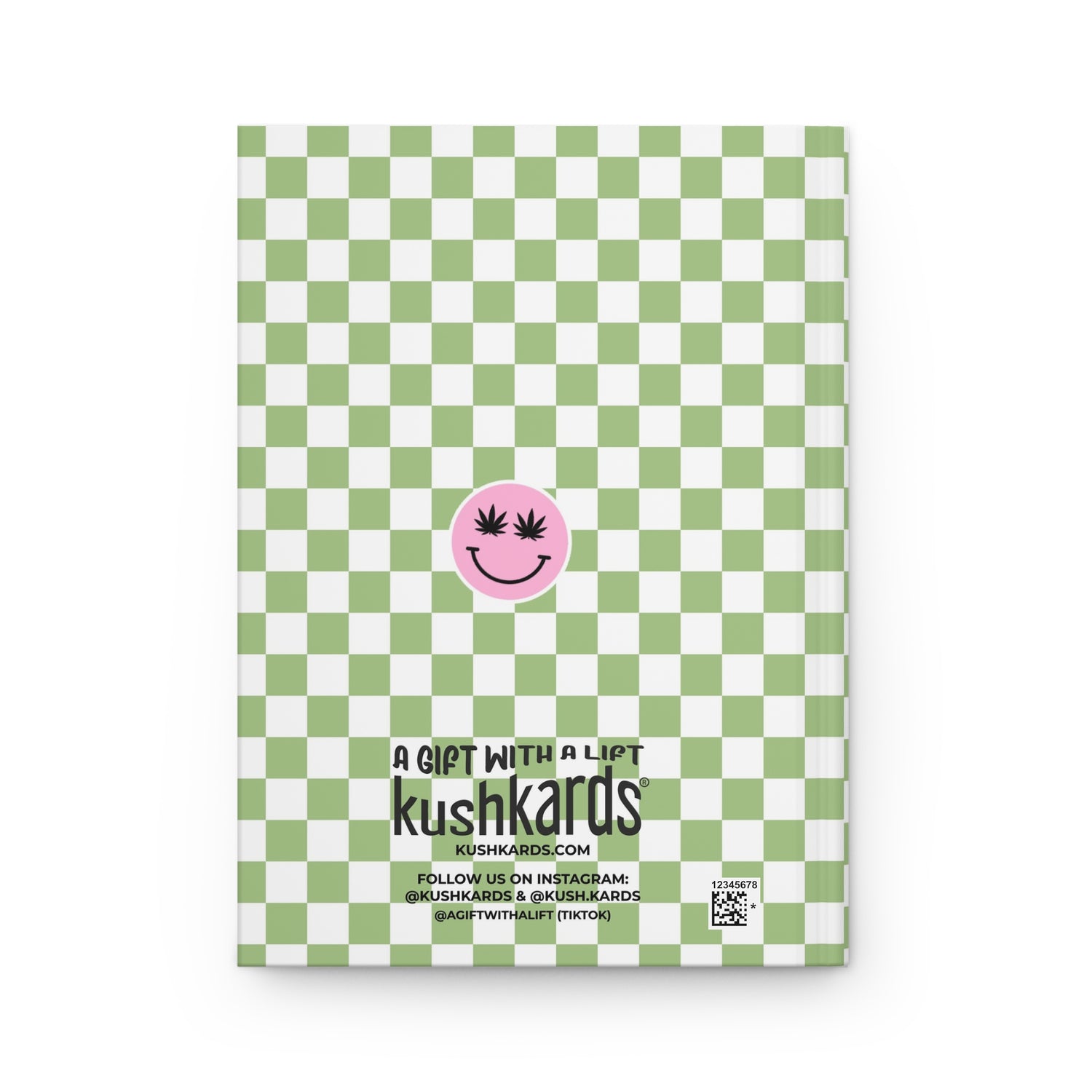 Checkered green and white product packaging with a pink smiley face logo and text.