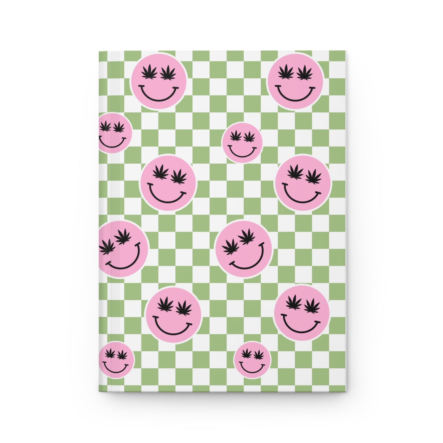 Pink smiley faces with marijuana leaf eyes on a green and white checkerboard background.