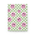 Pink smiley faces with marijuana leaf eyes on a green and white checkerboard background.
