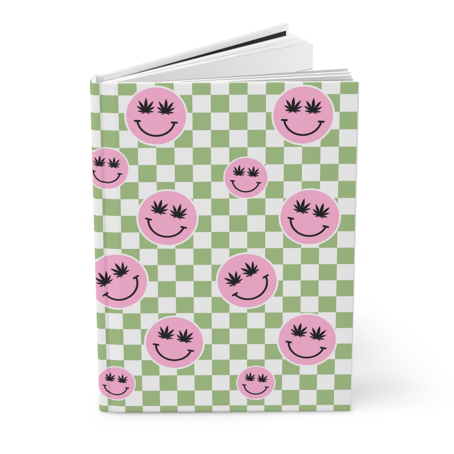 Pink smiley faces with marijuana leaf eyes on a green and white checkerboard background.
