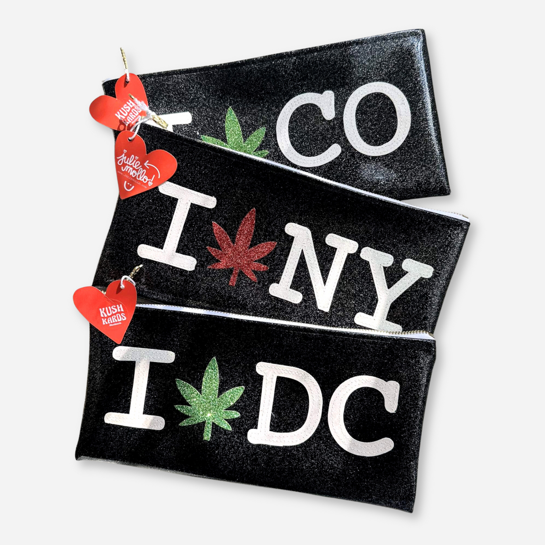 Classic black Kush Clutch with customizable cannabis leaf appliqué and letters.