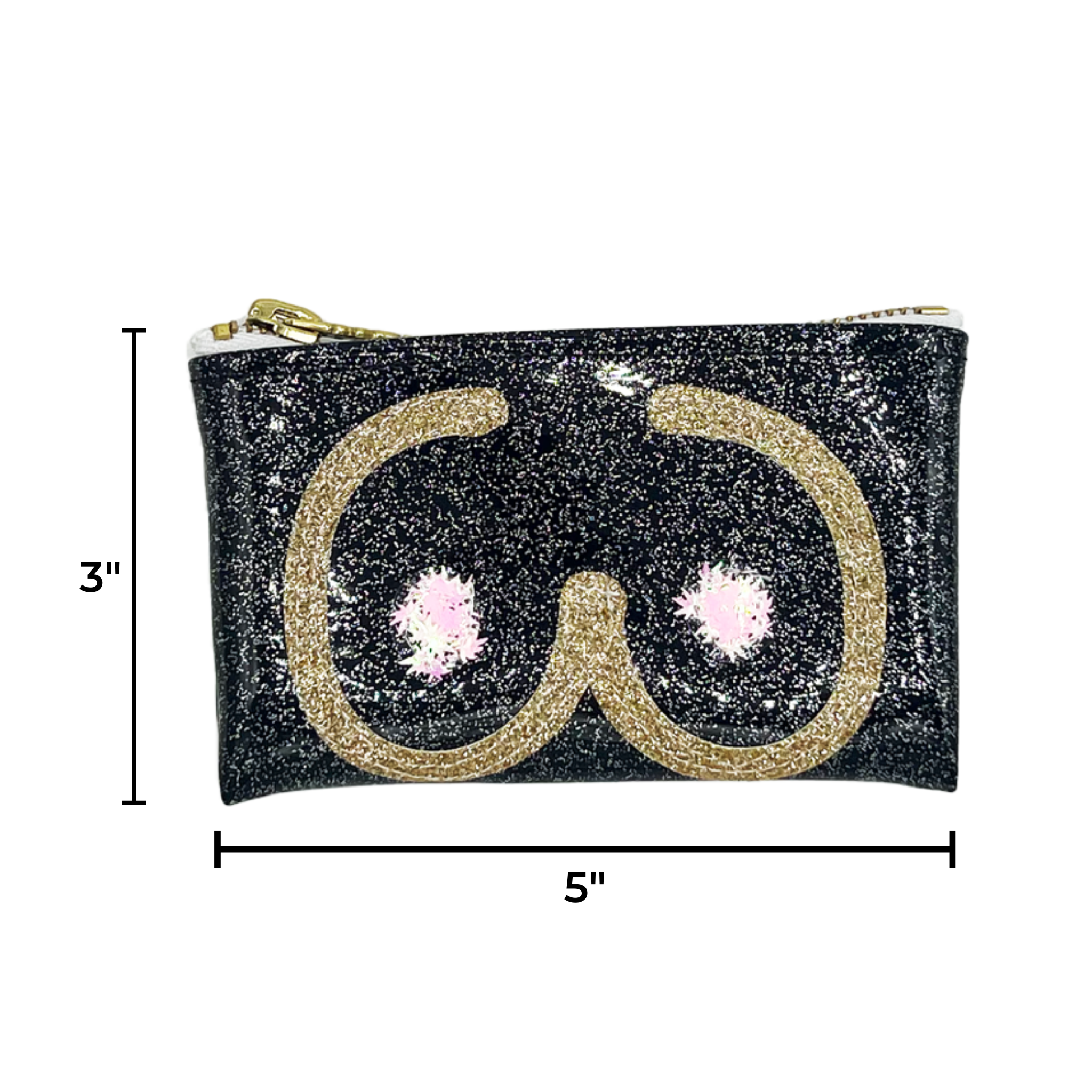  Black and gold glitter clutch with pink leaf details and dimensions marked as 5 inches by 3 inches.