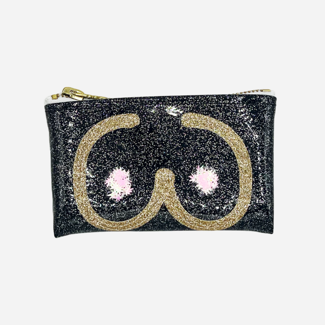 Black glitter vinyl clutch with a gold boobie silhouette and pink cannabis confetti nipples keychain design.