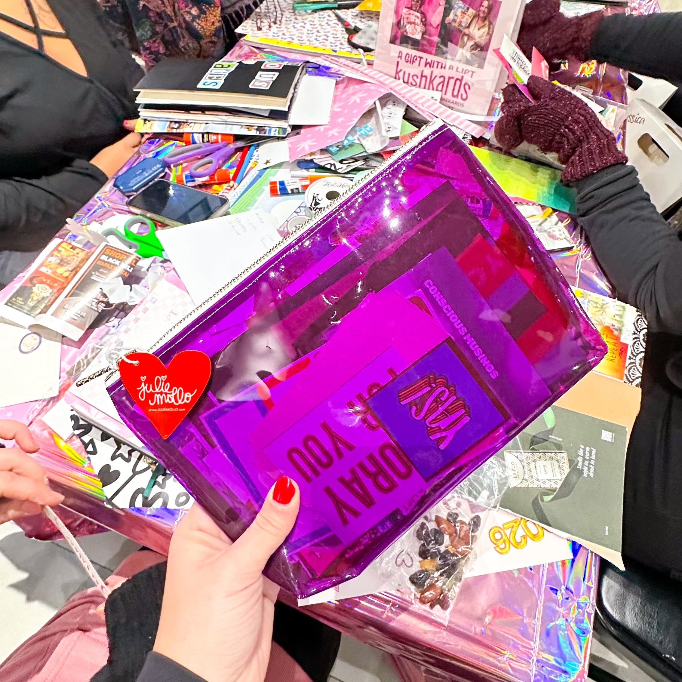 Clear Purple Craft Clutch filled with scraps - Junk Collector