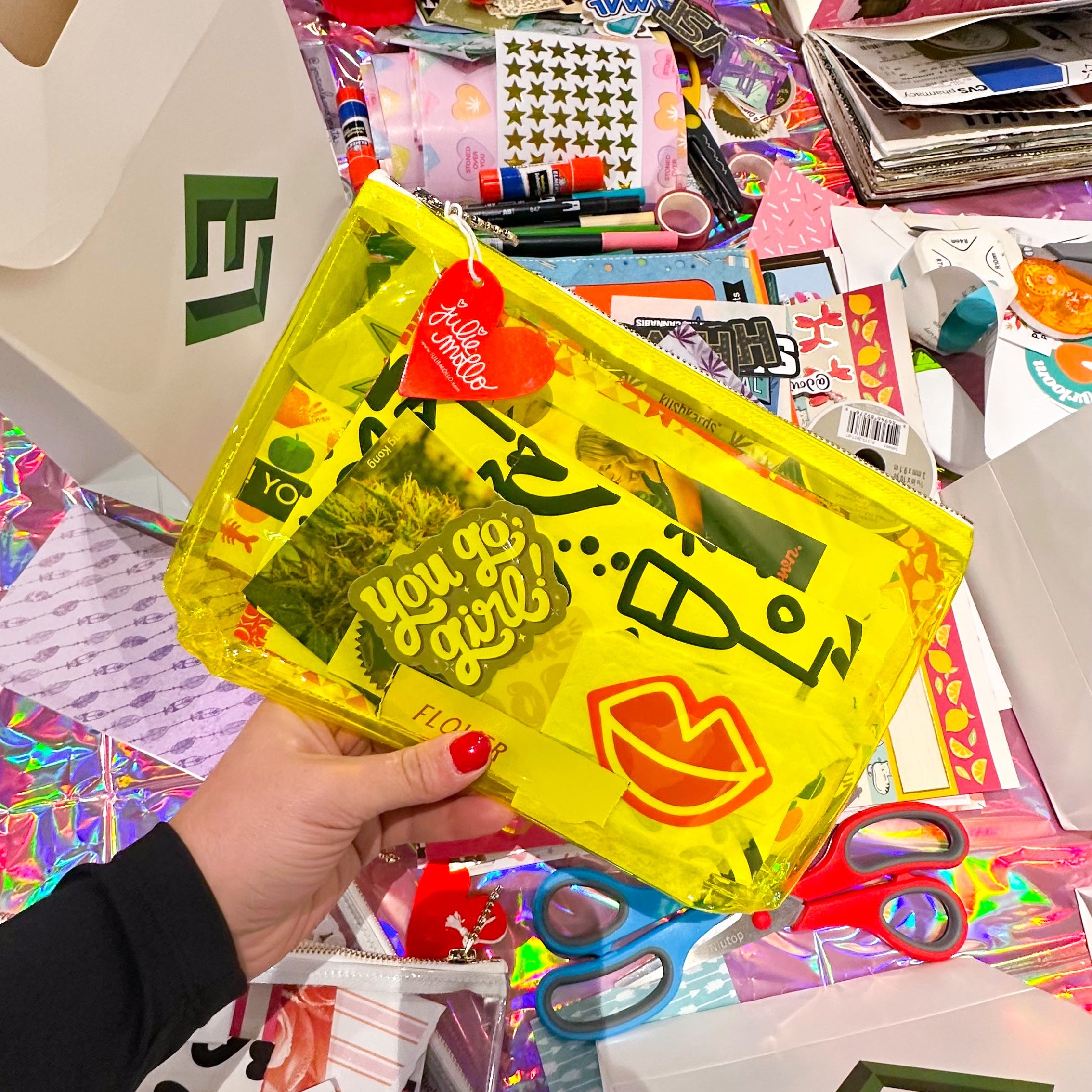 Yellow Clear Craft Clutch filled with Scraps - Junk Collector - red Julie Mollo Heart Tag