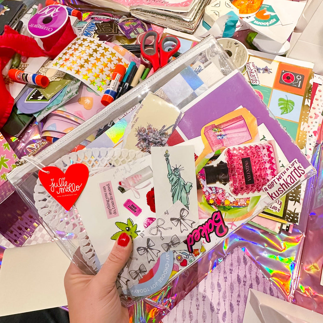 XL Clear Craft Clutch Filled with Scraps and Junk - Junk Collector with red Julie Mollo heart tag