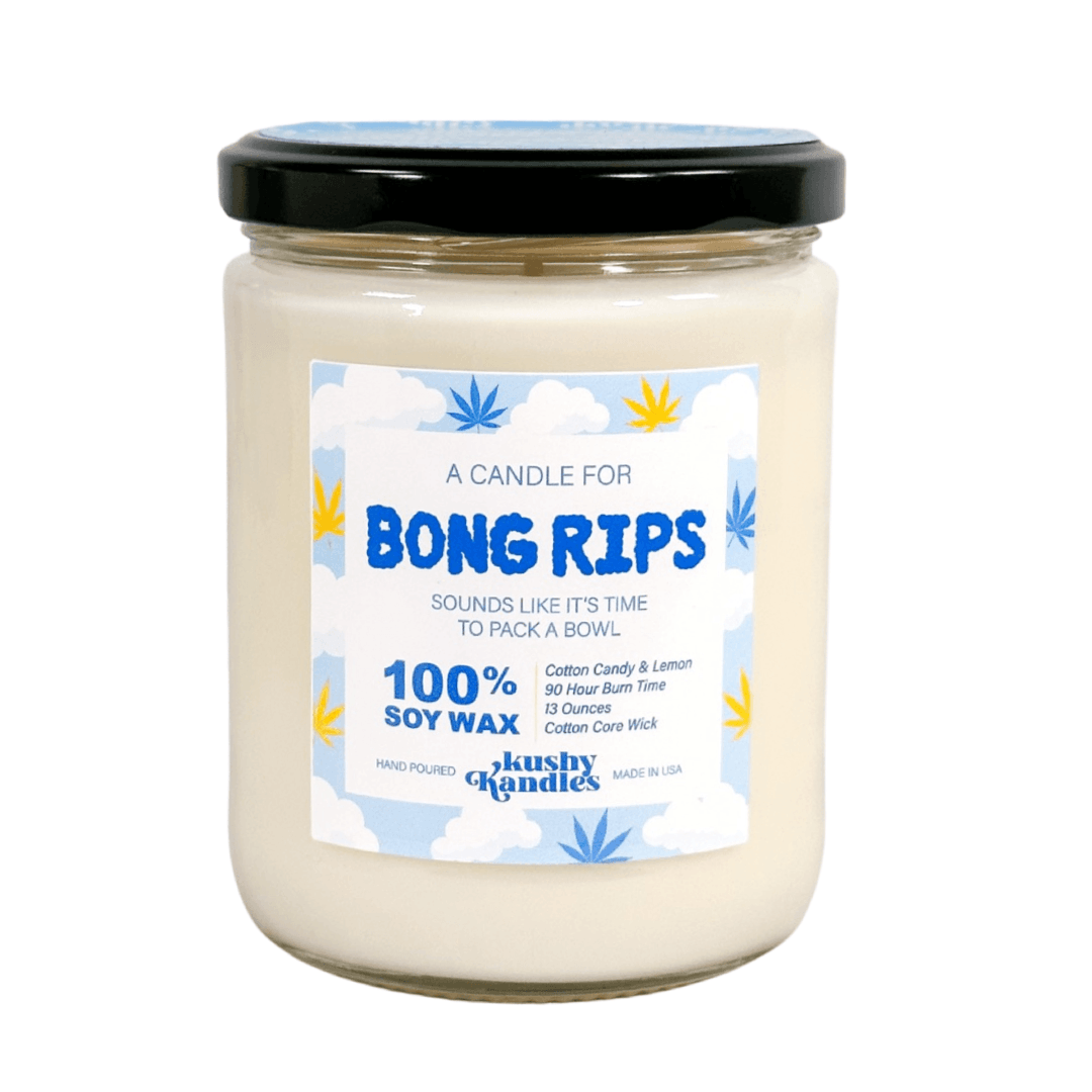 Fun and fragrant 'Bong Rips Kush Candle' with cotton candy and lemon scent in soy wax, perfect for a relaxed and enjoyable atmosphere.