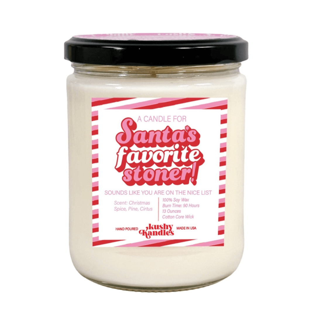 Santa’s Favorite Stoner Candle with festive scents of Christmas Spice, Pine, and Citrus, perfect for adding a playful and aromatic touch to your holiday celebrations.