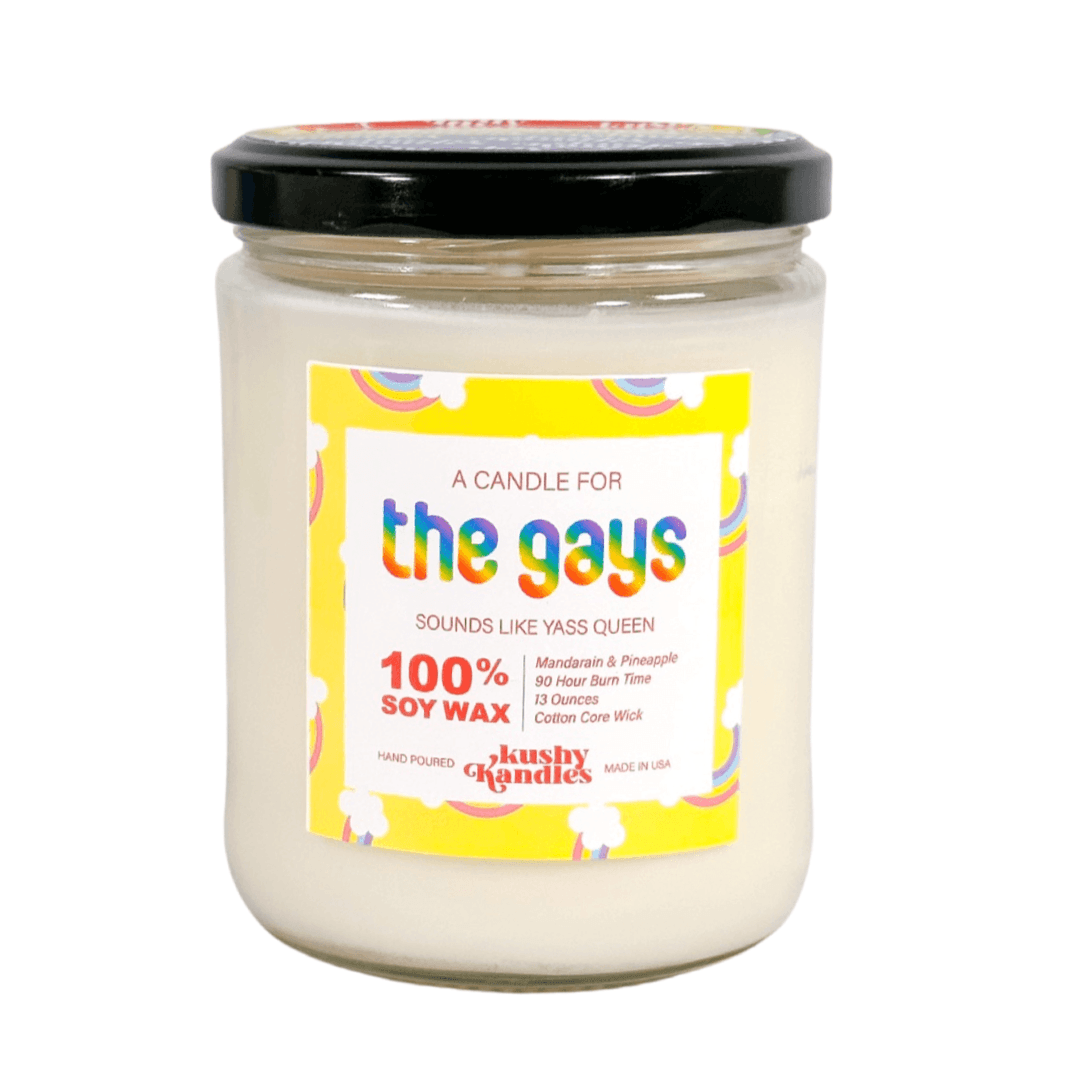 Vibrant 'The Gays Kush Candle' with mandarin and island pineapple scents, celebrating LGBTQ+ pride and diversity.