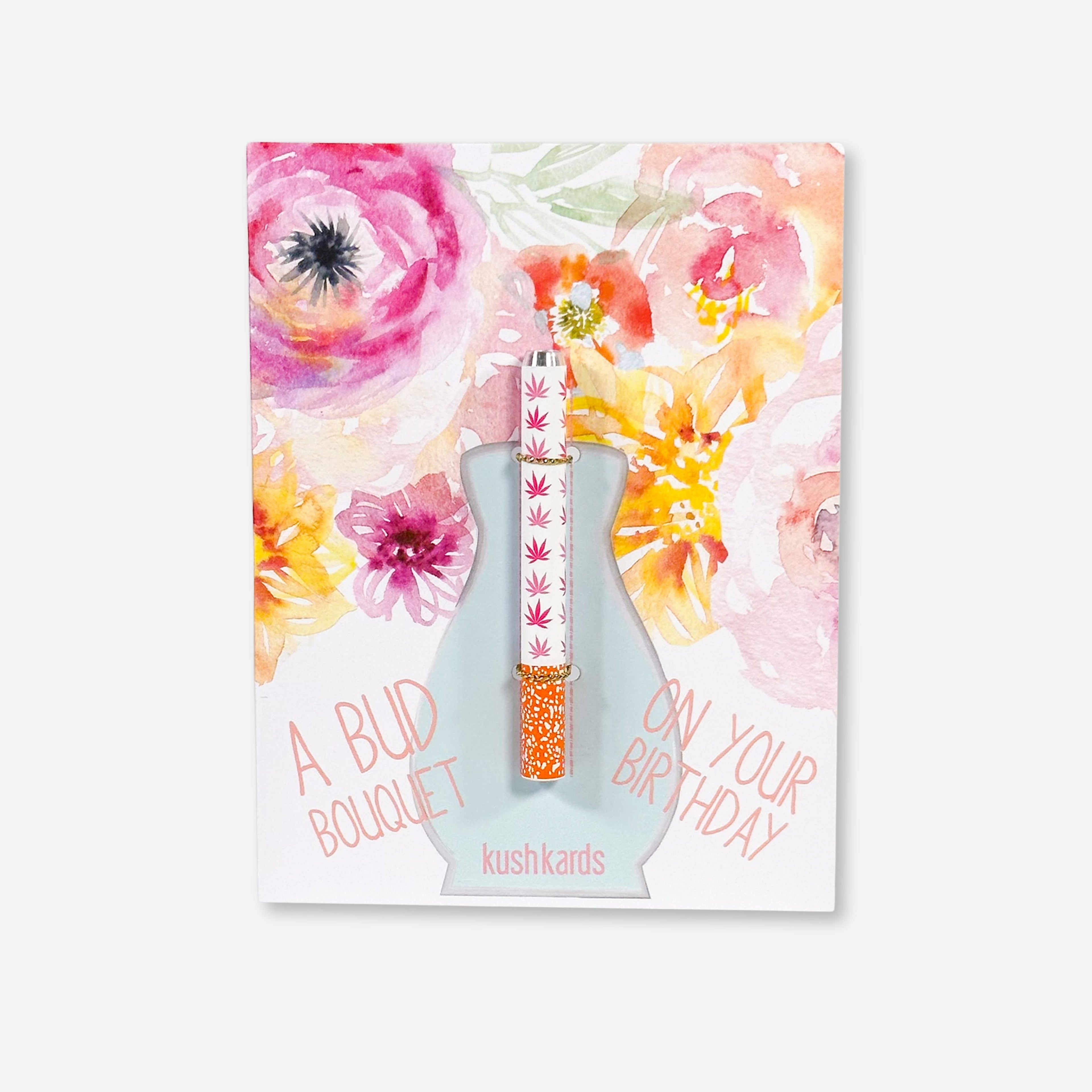 Greeting card with floral design and a cannabis-themed vase, featuring the brand &