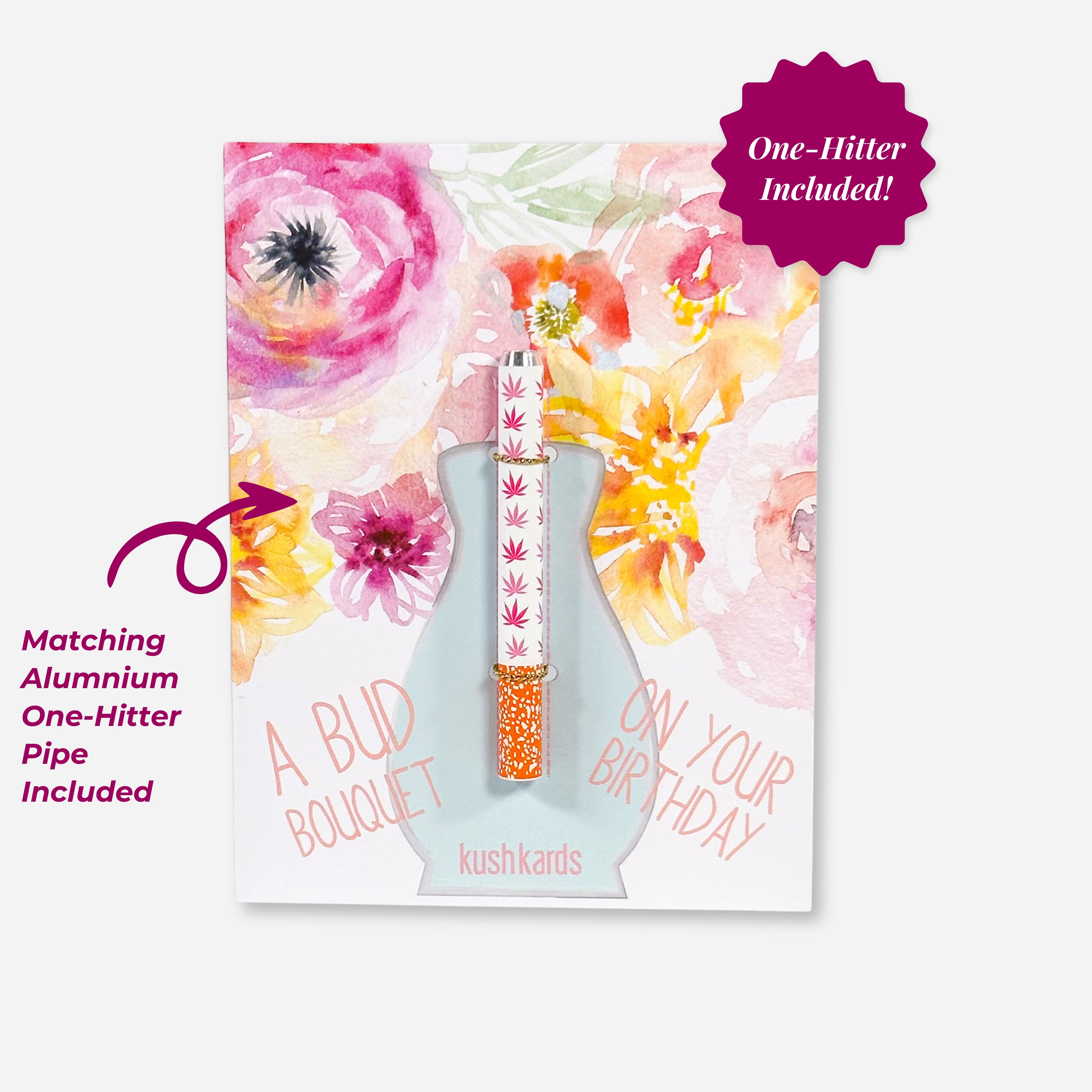 Greeting card with floral design and a cannabis-themed vase, featuring the brand &