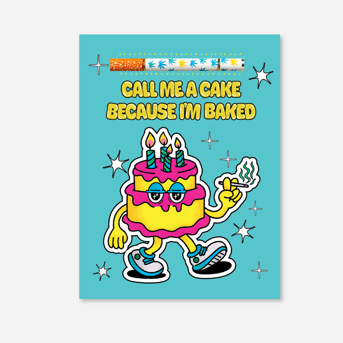 A rectangular greeting card or print with a turquoise background featuring the phrase &