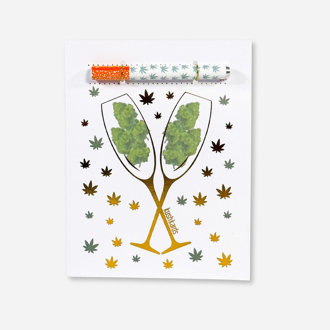 🥂 Congrats Champagne Buds Card - KushKards with 2 champagne glassed filled with nugs on a white background with gold and green pot leafs and a matching one hitter pipe