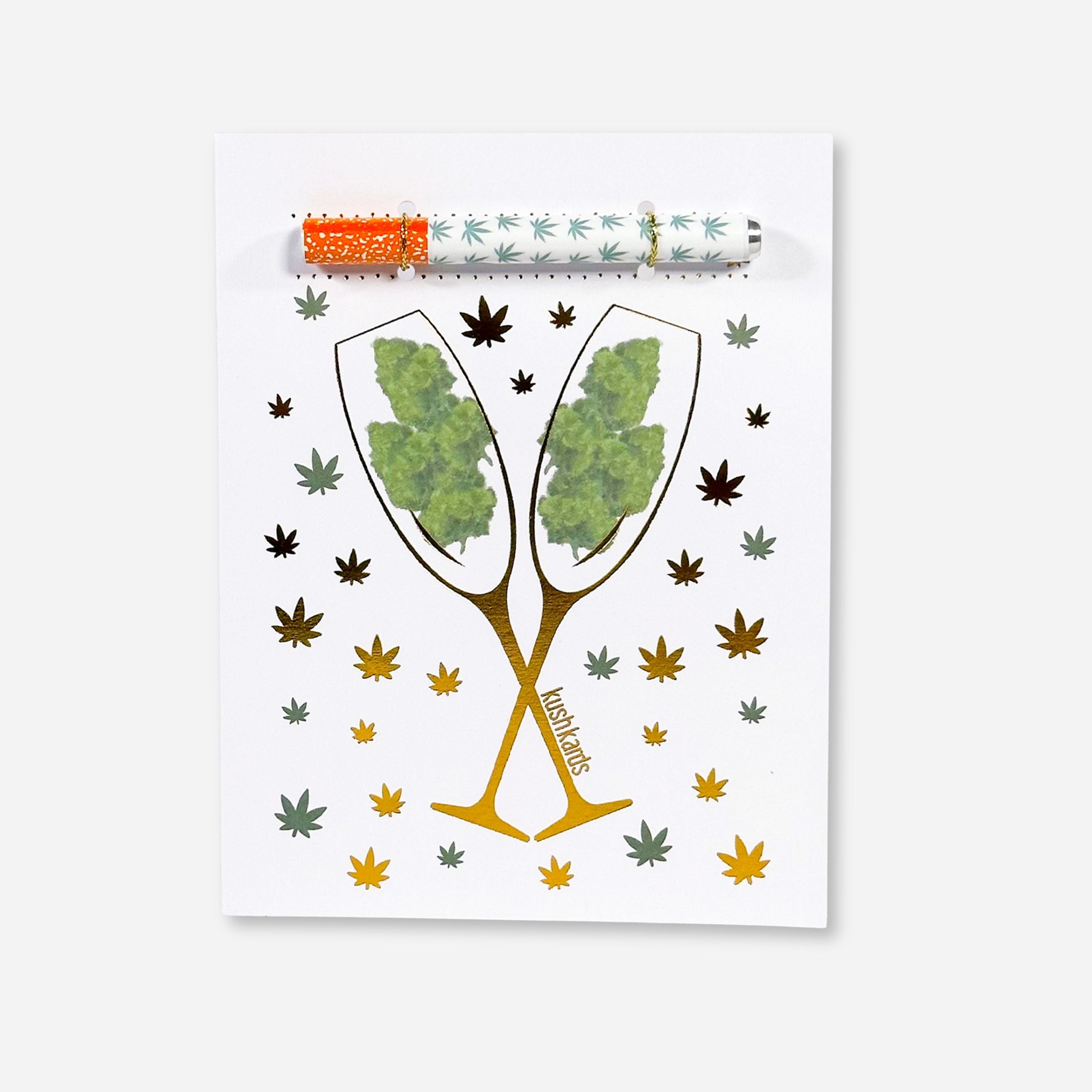 🥂 Congrats Champagne Buds Card - KushKards with 2 champagne glassed filled with nugs on a white background with gold and green pot leafs and a matching one hitter pipe