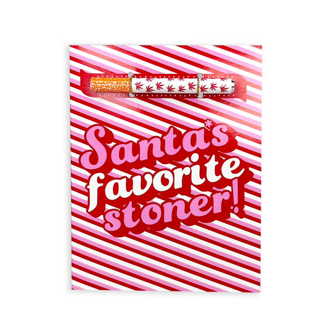 Fun and festive Christmas card with a one hitter and a candy cane striped background and bold text saying 'Santa's Favorite Stoner', perfect for spreading holiday cheer and good vibes.