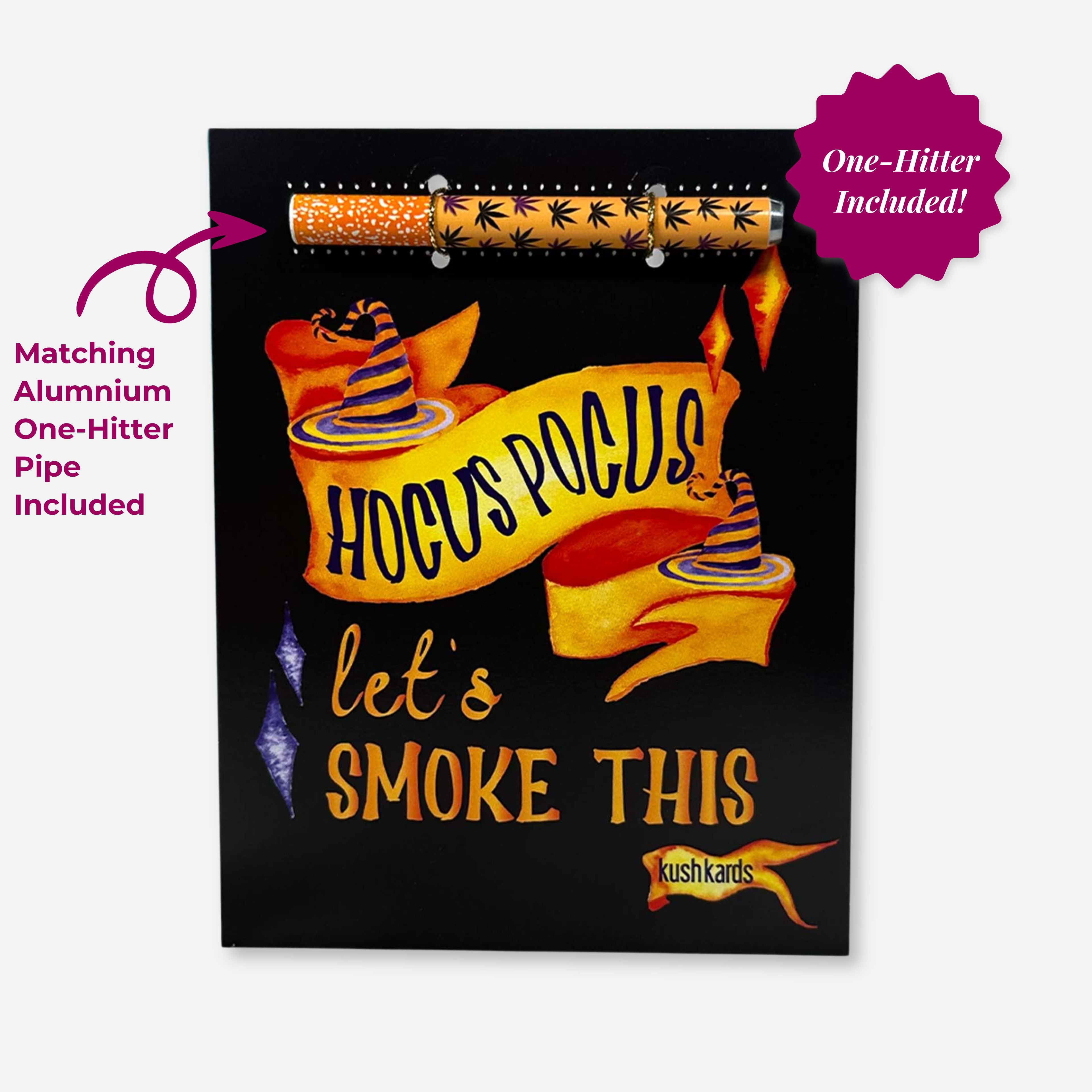 A black greeting card with orange and purple text saying "Hocus Pocus let&