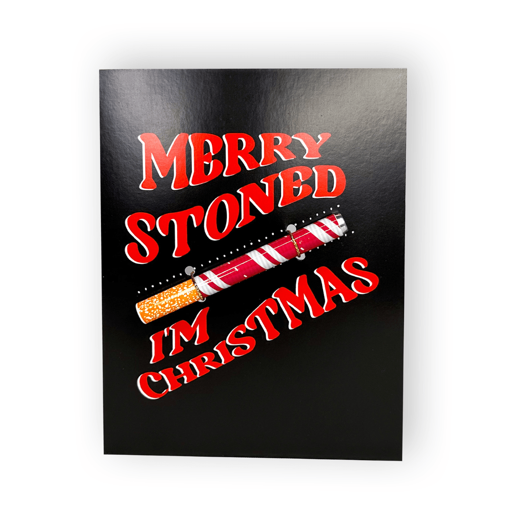 Black greeting card with bold red text saying 'Merry Stoned I'm Christmas', perfect for spreading holiday cheer with a touch of humor and playfulness. With matching candycane striped one-hitter.