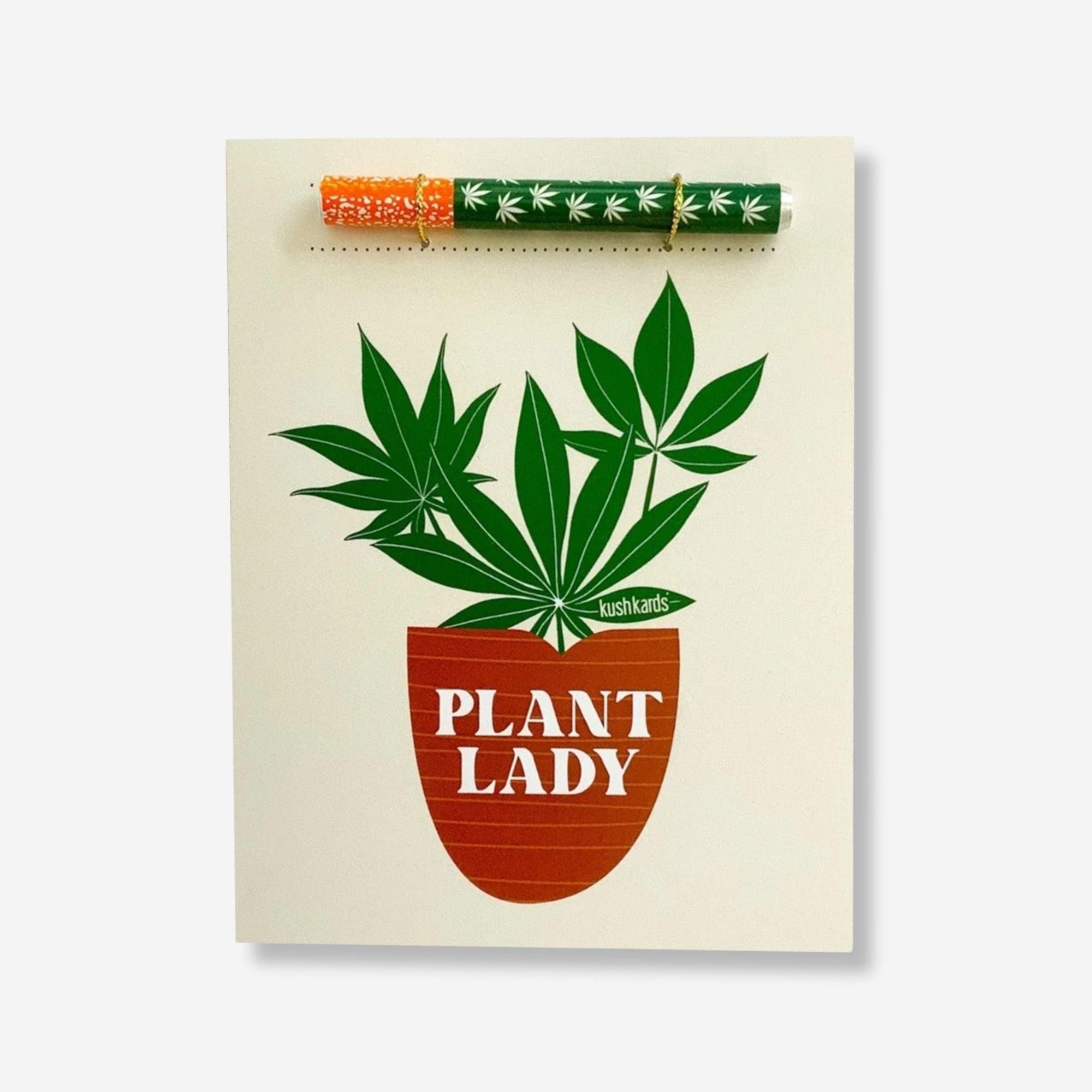 Greeting Card with text "Plant Lady" ith a dark green one hitter pipe