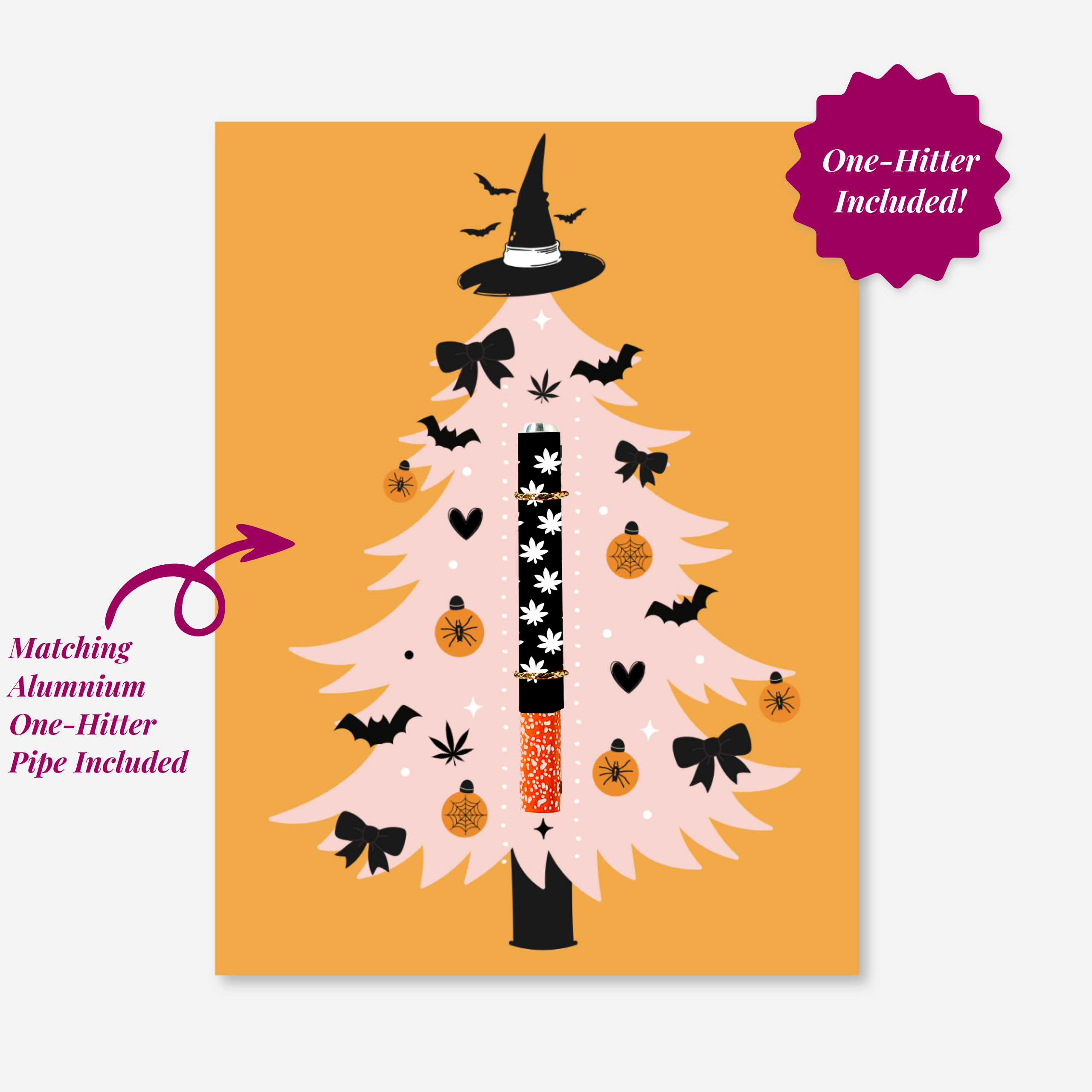 "Matching aluminum one-hitter pipe for Witchy Holiday Tree KushKard with black and white cannabis leaf design"