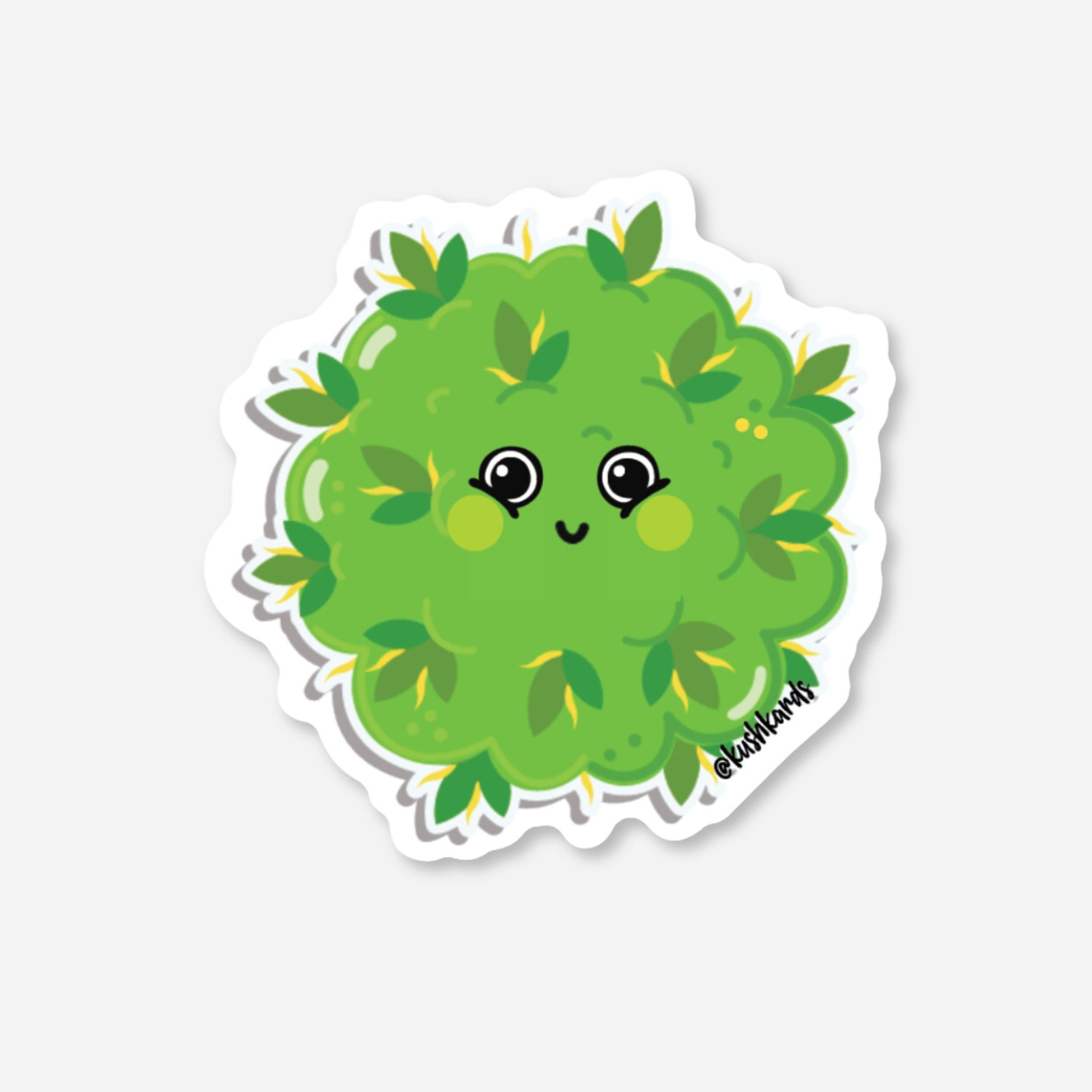 Cute green matte sticker featuring a happy, cartoon cannabis bud character with big eyes.