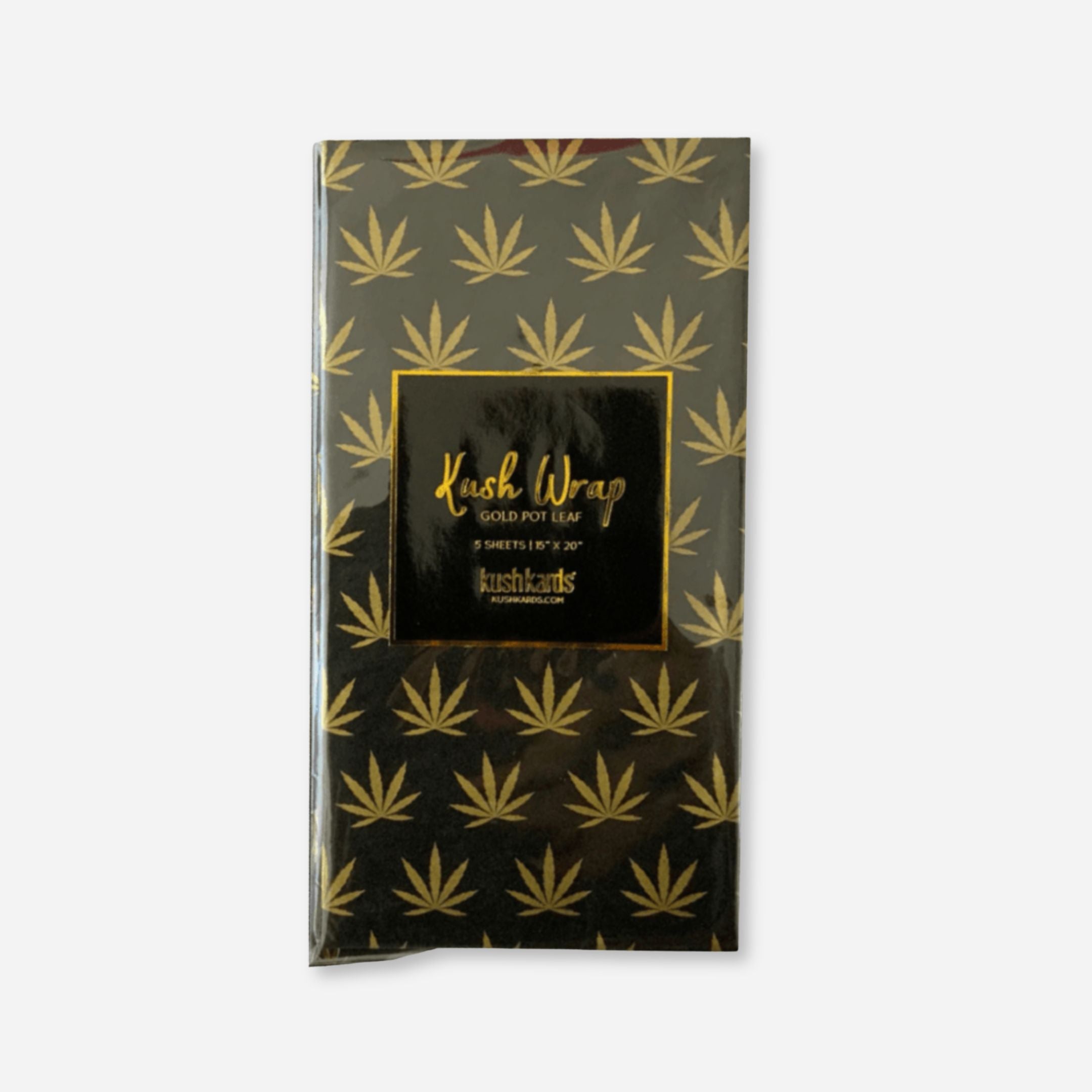 Pack of black tissue paper sheets with gold cannabis leaf pattern, labeled "Kush Wrap – Gold Pot Leaf