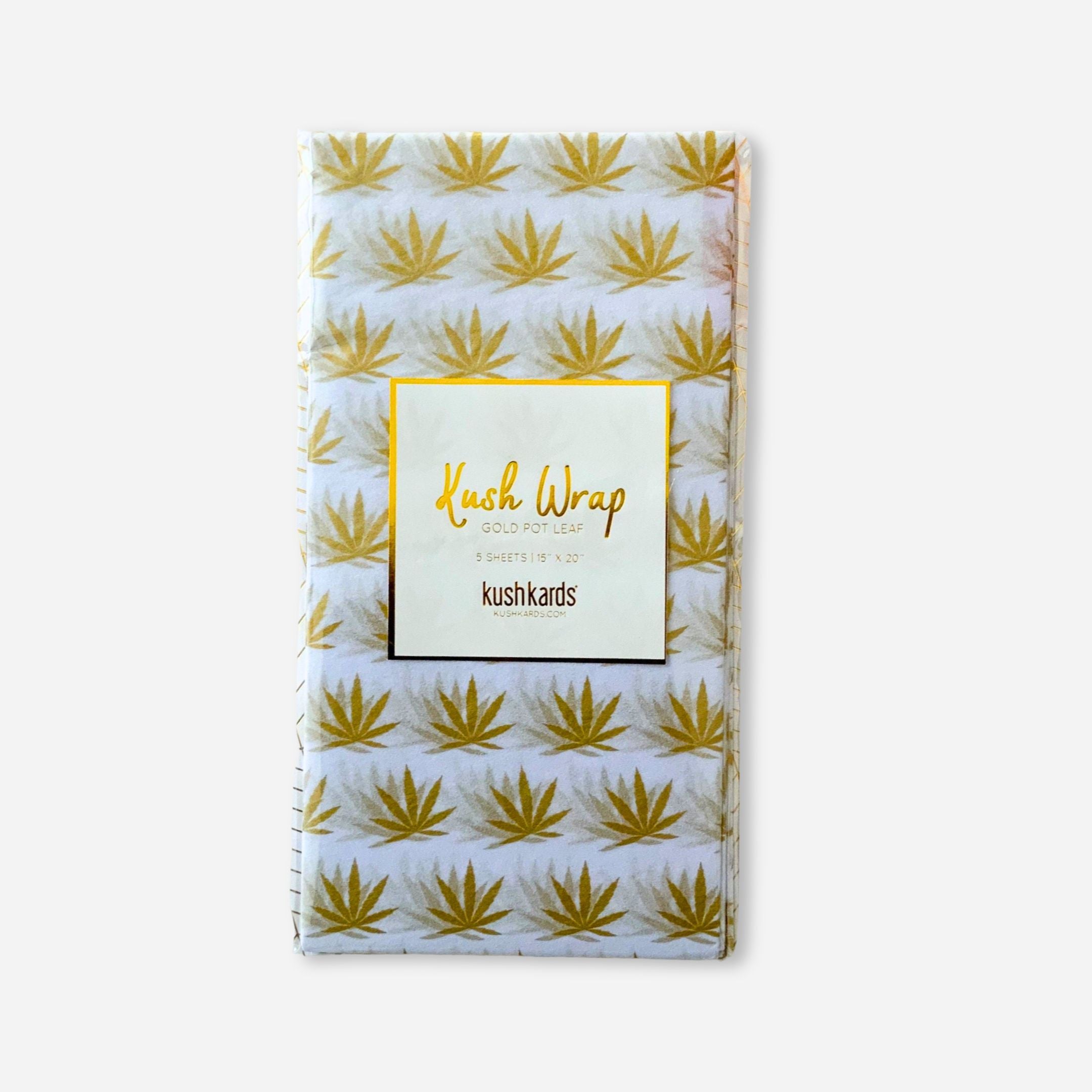 Pack of white tissue paper sheets with gold cannabis leaf pattern, labeled "Kush Wrap – Gold Pot Leaf."