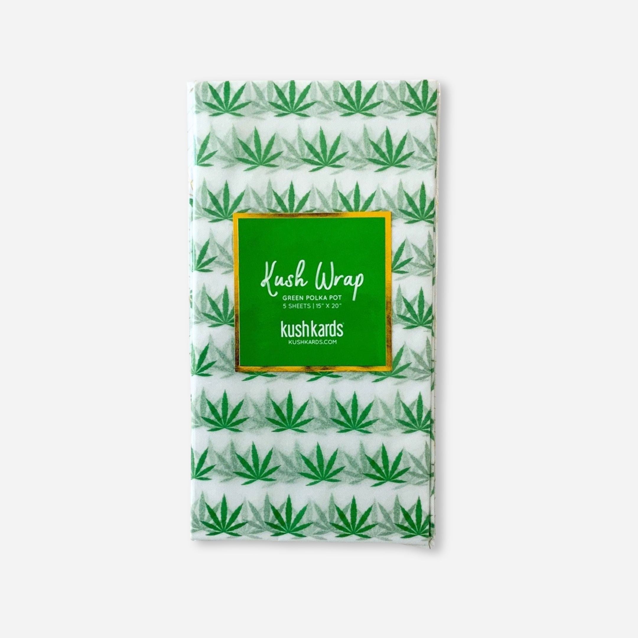 Pack of green tissue paper sheets with green cannabis leaf pattern, labeled "Kush Wrap – Green Pot Leaf