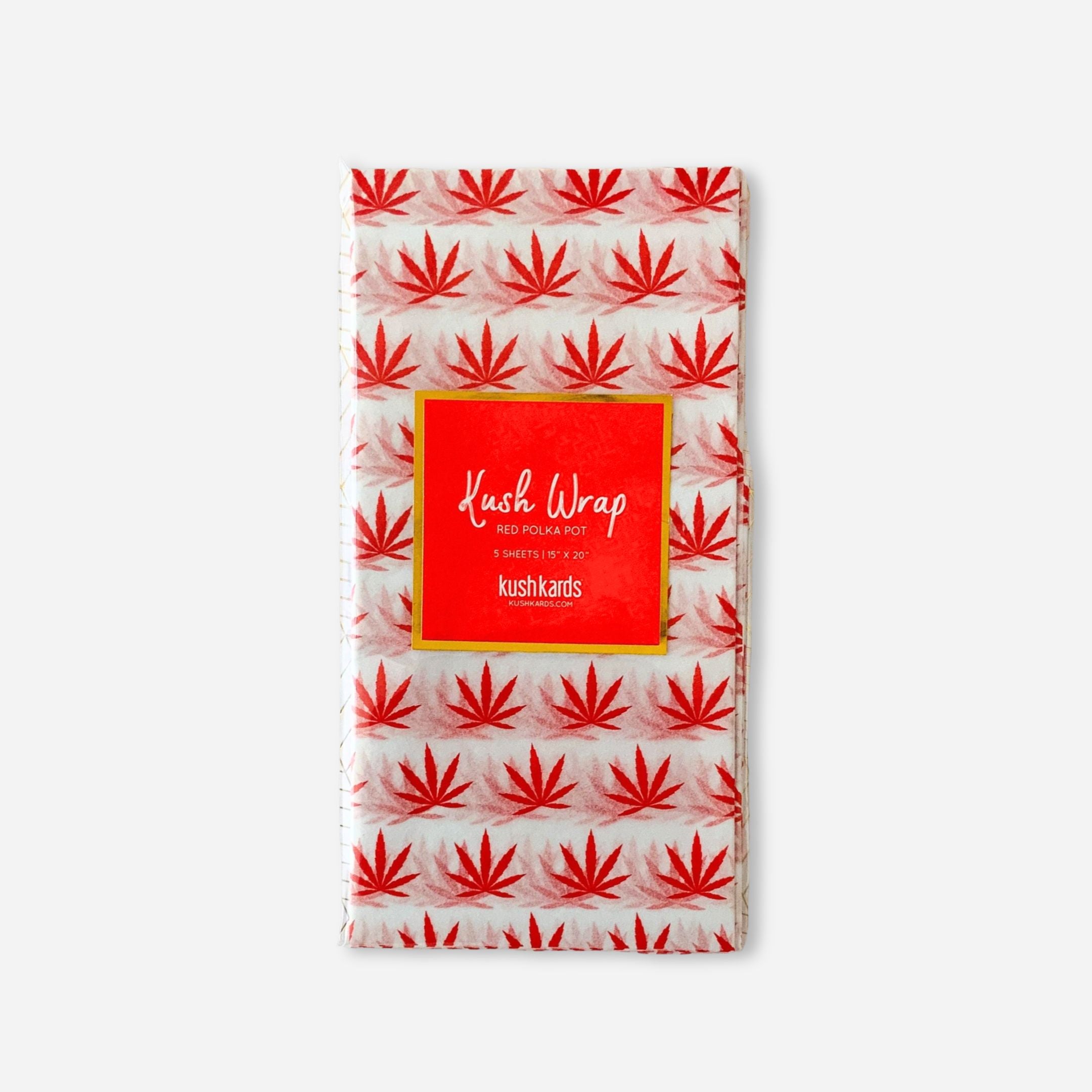 Pack of red tissue paper sheets with red cannabis leaf pattern, labeled "Kush Wrap – red Pot Leaf
