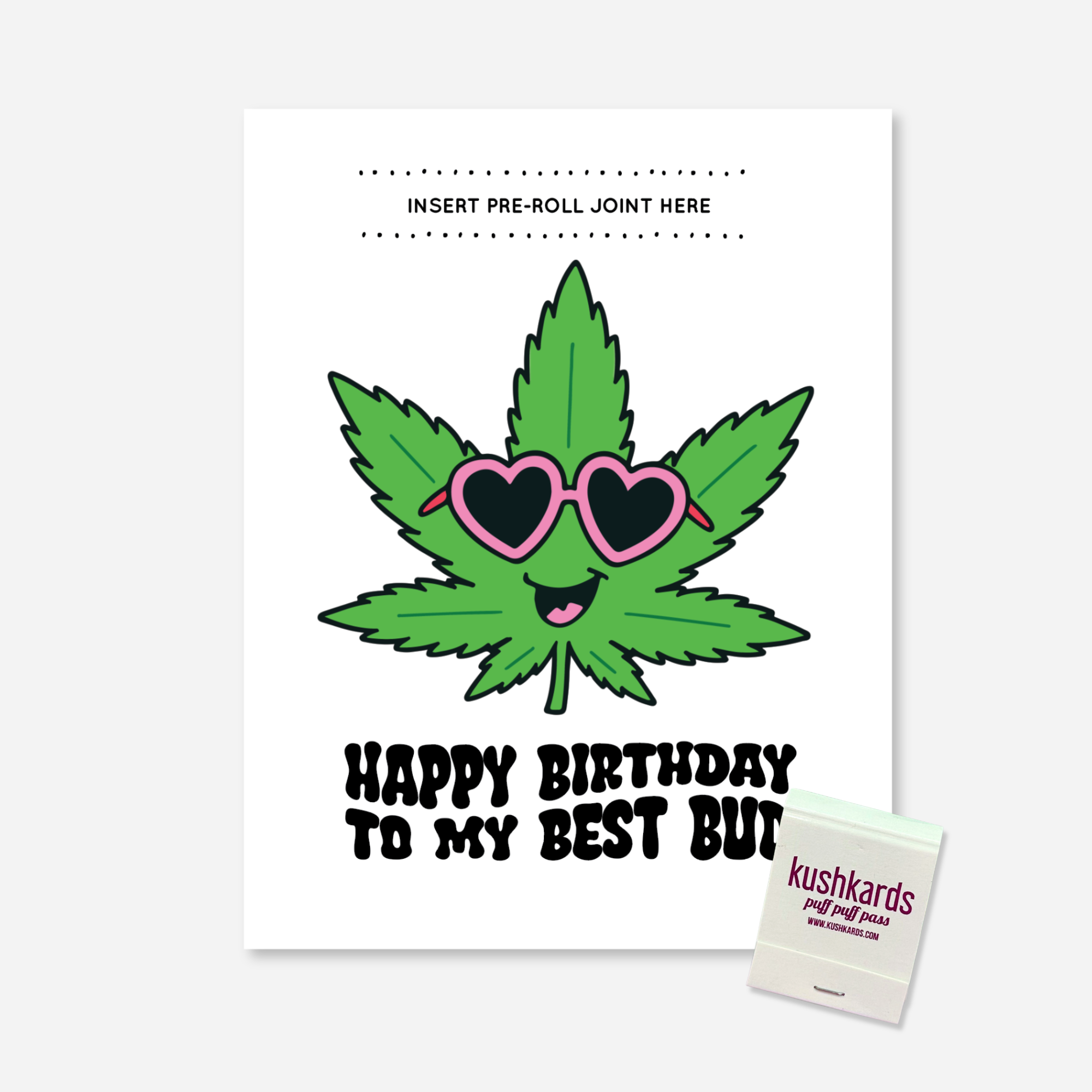 A novelty birthday card featuring a cartoon green cannabis leaf wearing pink heart-shaped sunglasses, with the text &
