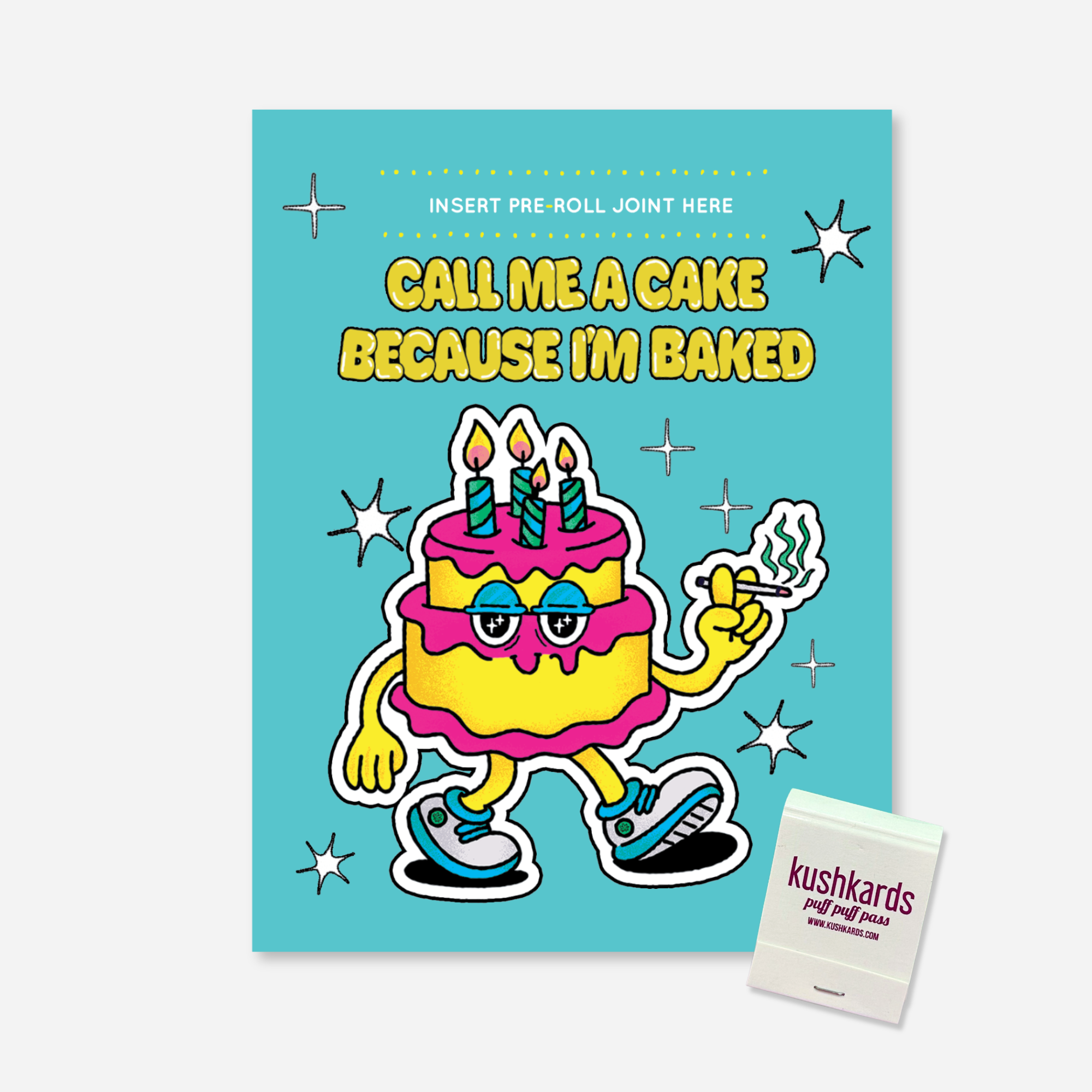 A birthday-themed card set featuring a turquoise card with a cartoon cake character and the text &