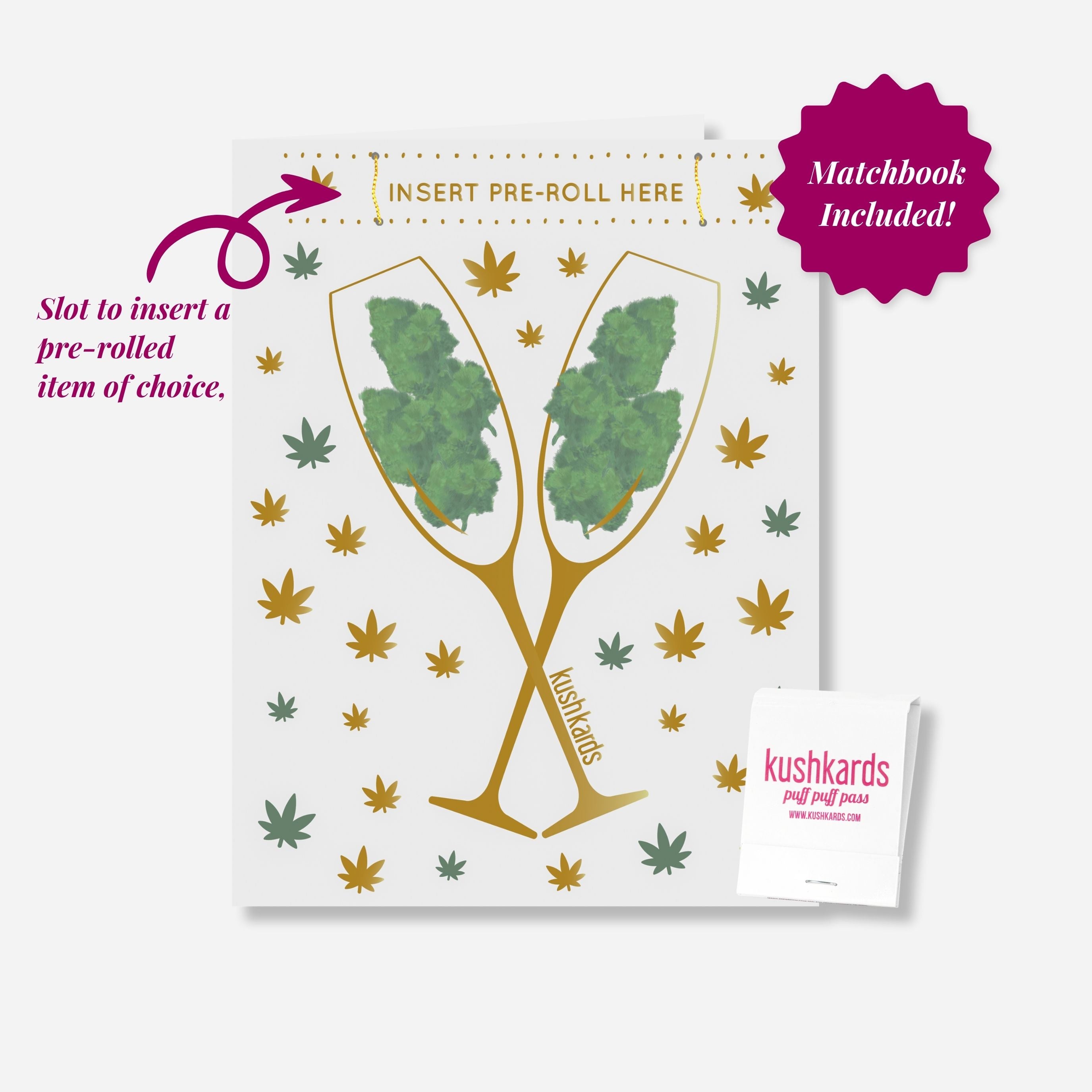 🥂 Congrats Champagne Buds Card - KushKards with 2 champagne glassed filled with nugs on a white background with gold and green pot leafs and a matchbook