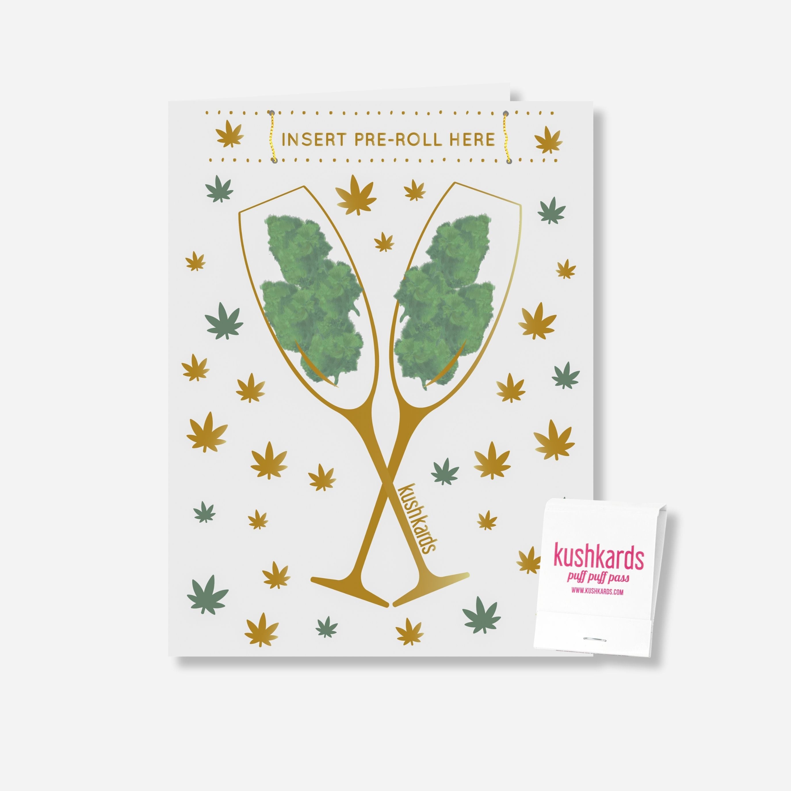 🥂 Congrats Champagne Buds Card - KushKards with 2 champagne glassed filled with nugs on a white background with gold and green pot leafs and a matchbook