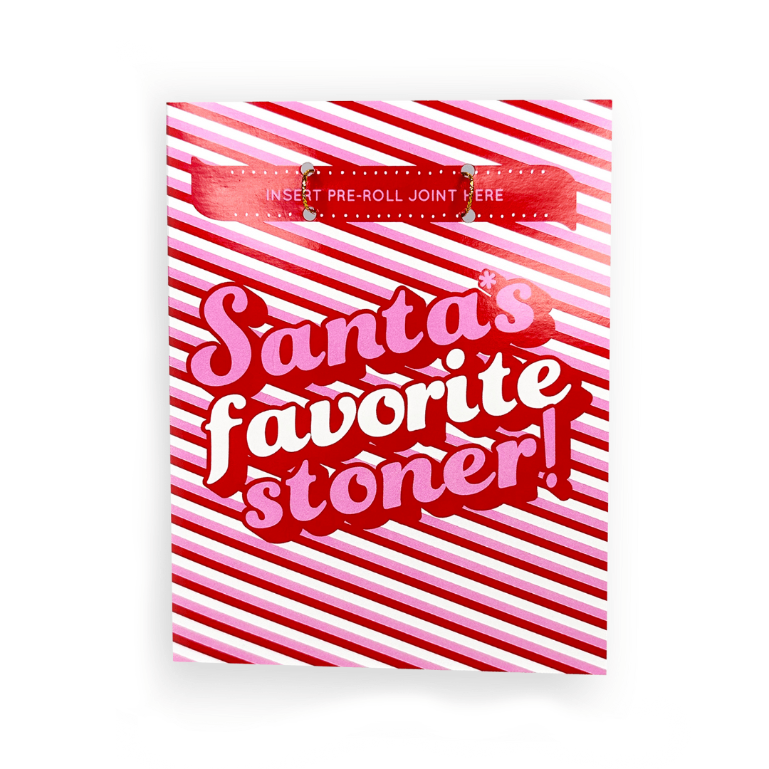 "Fun and festive Christmas card with a candy cane striped background and bold text saying 'Santa's Favorite Stoner', perfect for spreading holiday cheer and good vibes."