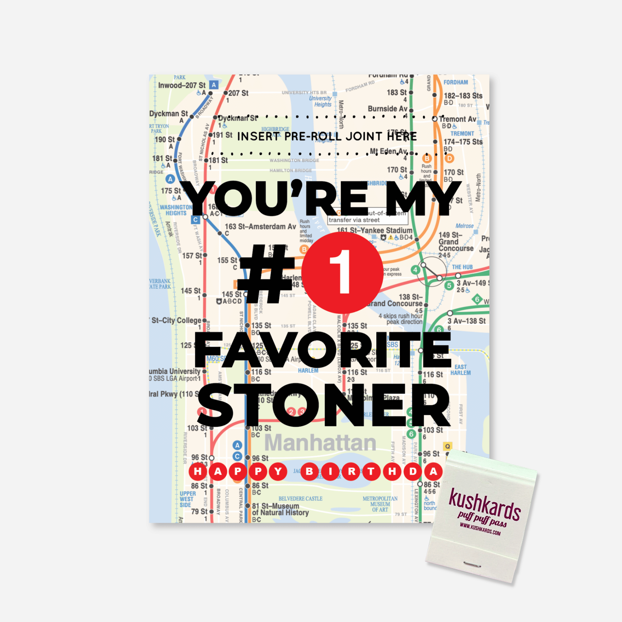 A novelty birthday card featuring a Manhattan street map background with bold black text reading &