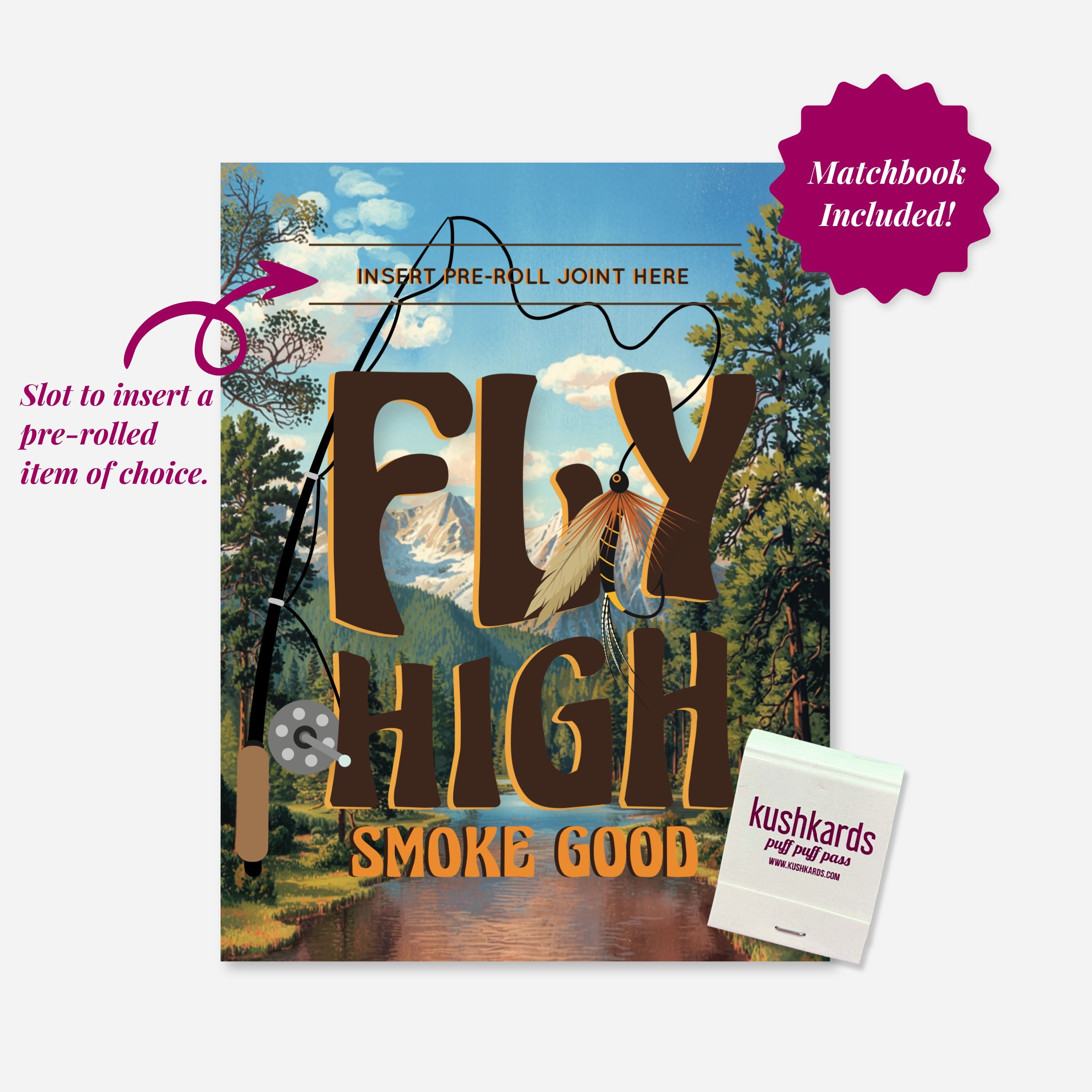 Greeting card with a vintage mountain scene and the phrase “Fly High Smoke Good,” featuring a slot to insert a pre-roll.
