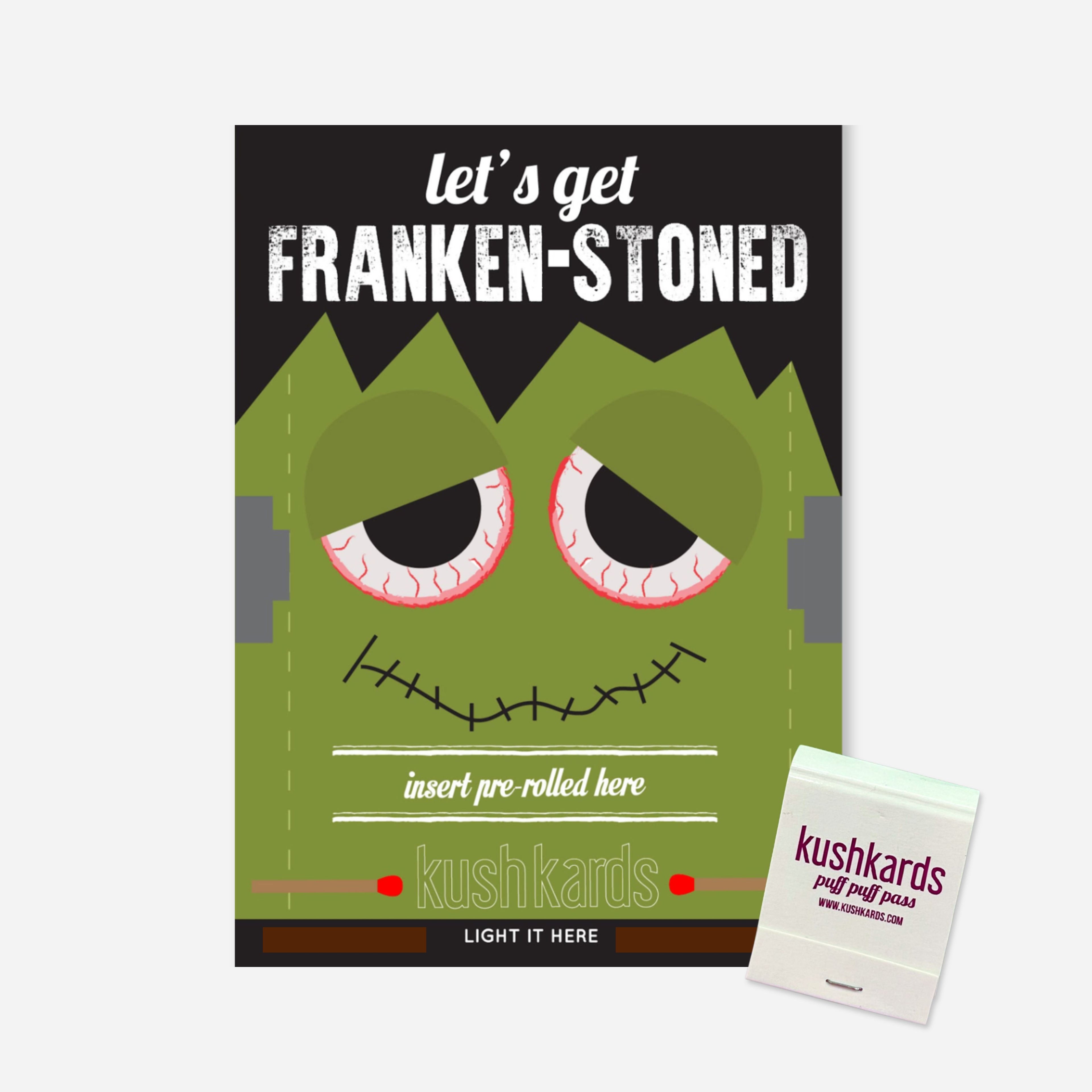 A Frankenstein-themed greeting card with the text "let&