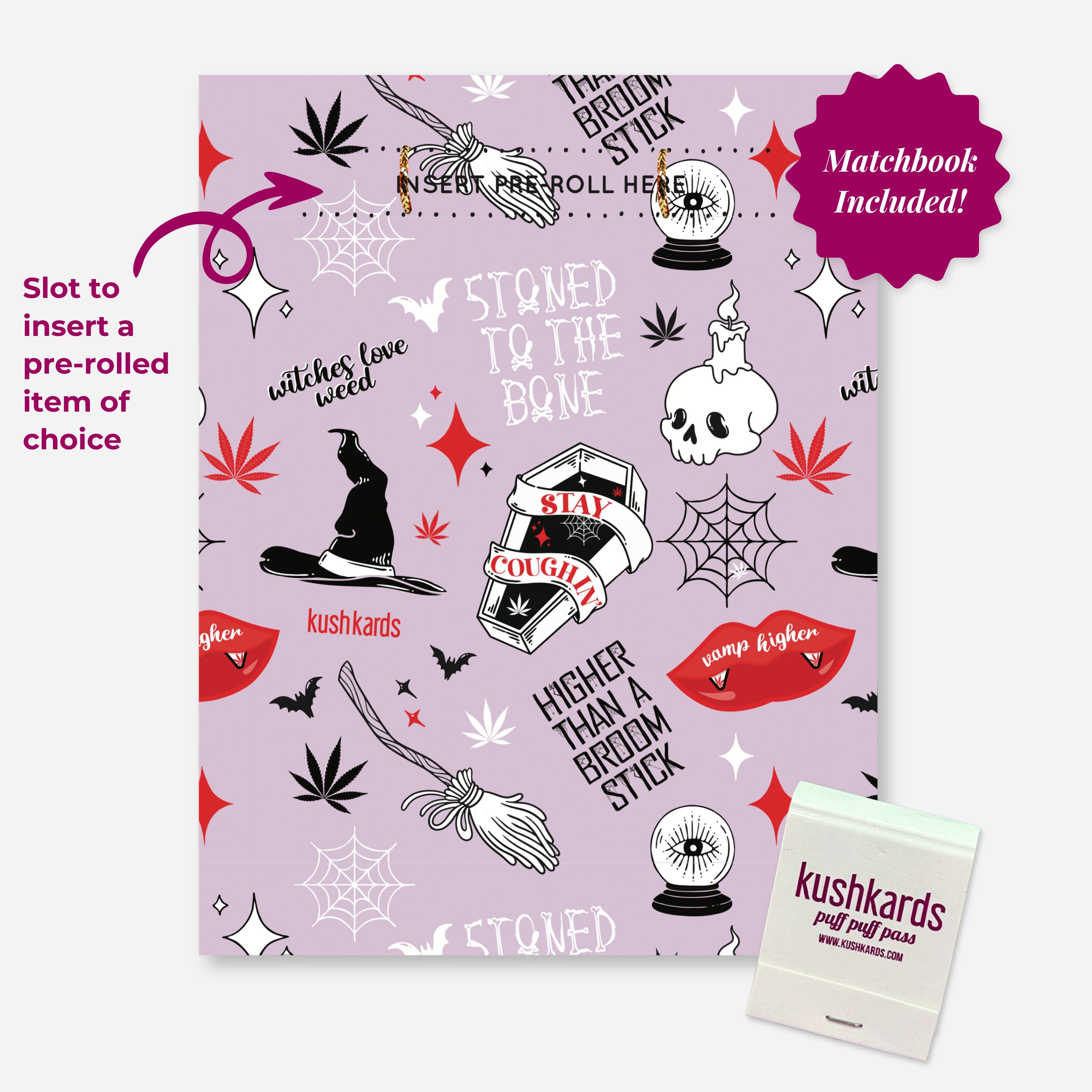 A light purple greeting card with a Halloween-themed pattern of cannabis leaves, witch hats, brooms, skulls with candles, spiderwebs, bats, red lips, and text like "witches love weed," "STONED TO THE BONE," "SLAY & COUGH," and "HIGHER THAN A BROOM STICK." At the top, there&