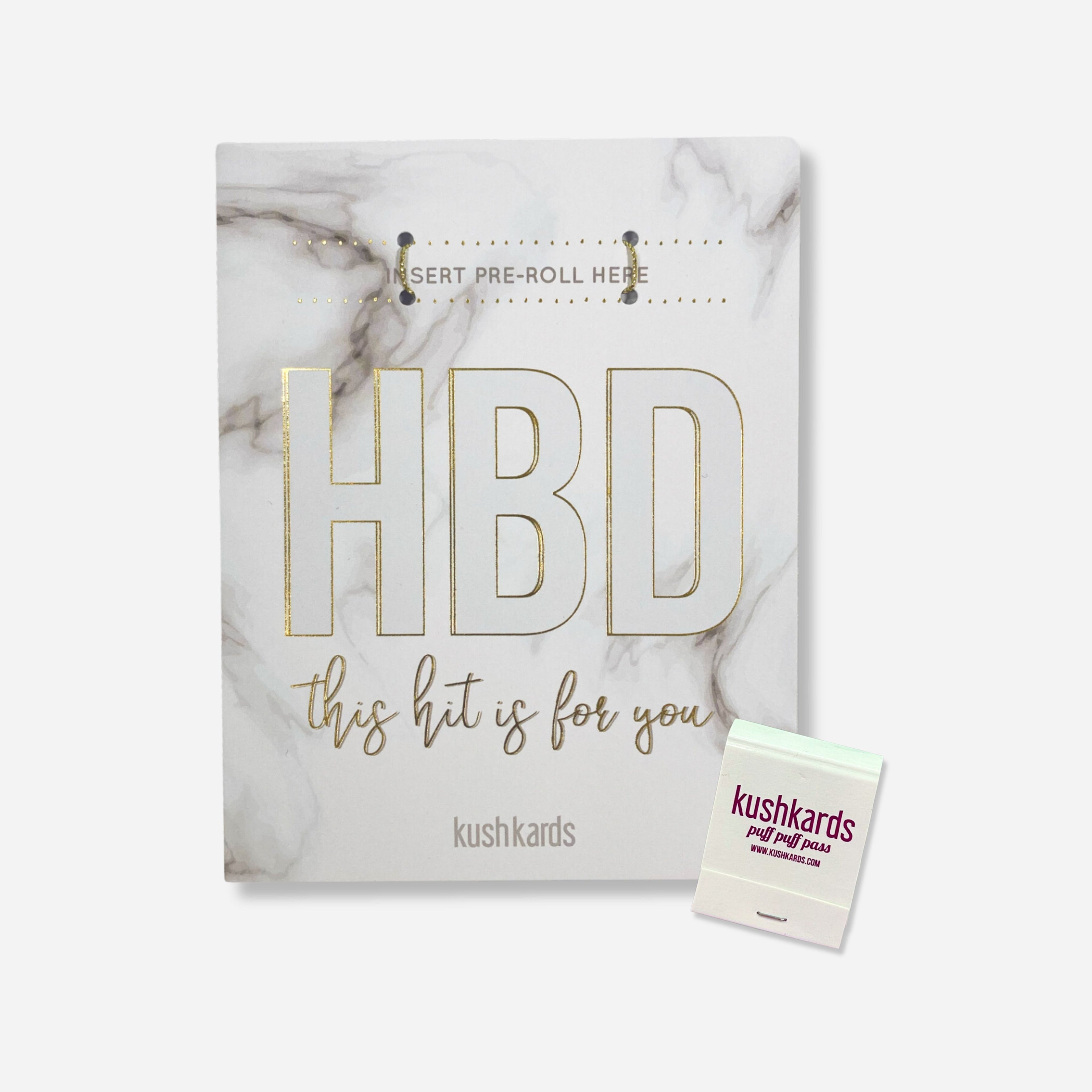 White and Grew swirl marble background with HBD this hit is for you text and white marble swirl with matchbook