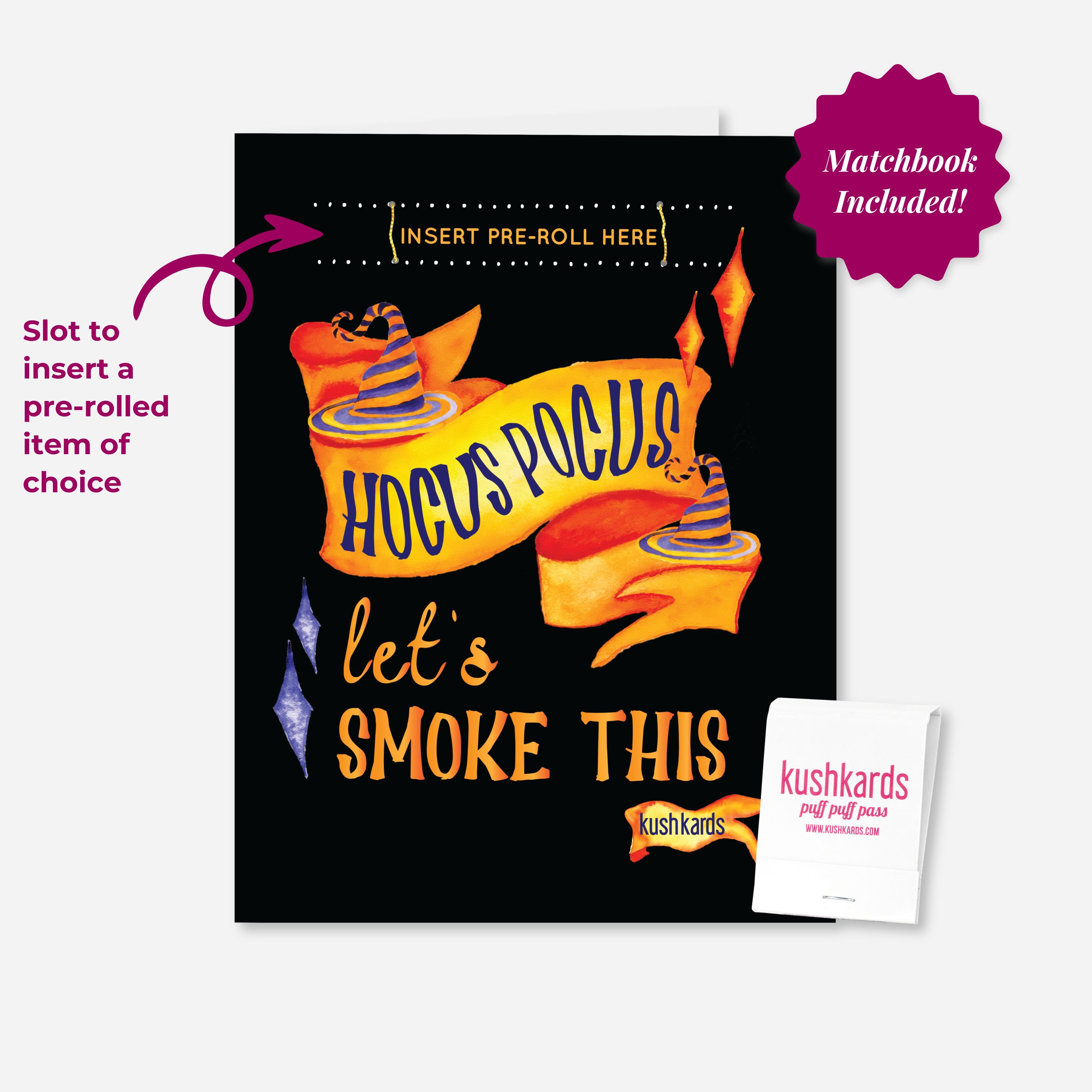 A black greeting card with orange and purple text saying "Hocus Pocus let&