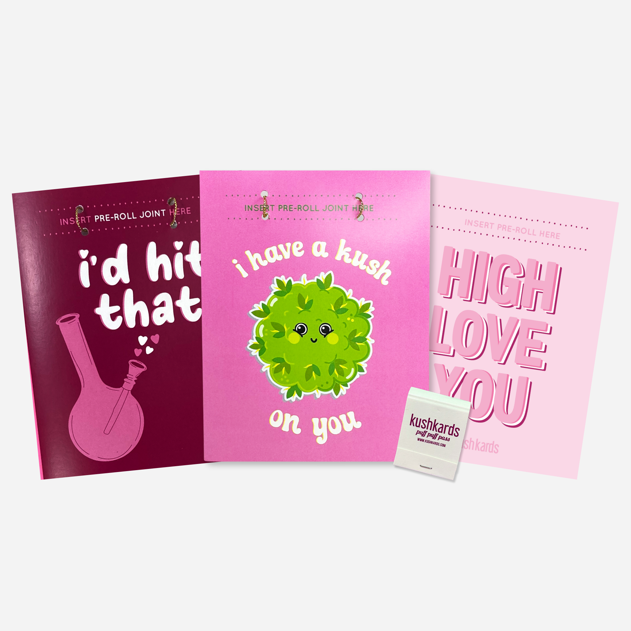 Valentine’s KushKards greeting card assortment with built-in pre-roll slots and KushKards matchbook included, featuring playful cannabis-themed love designs.