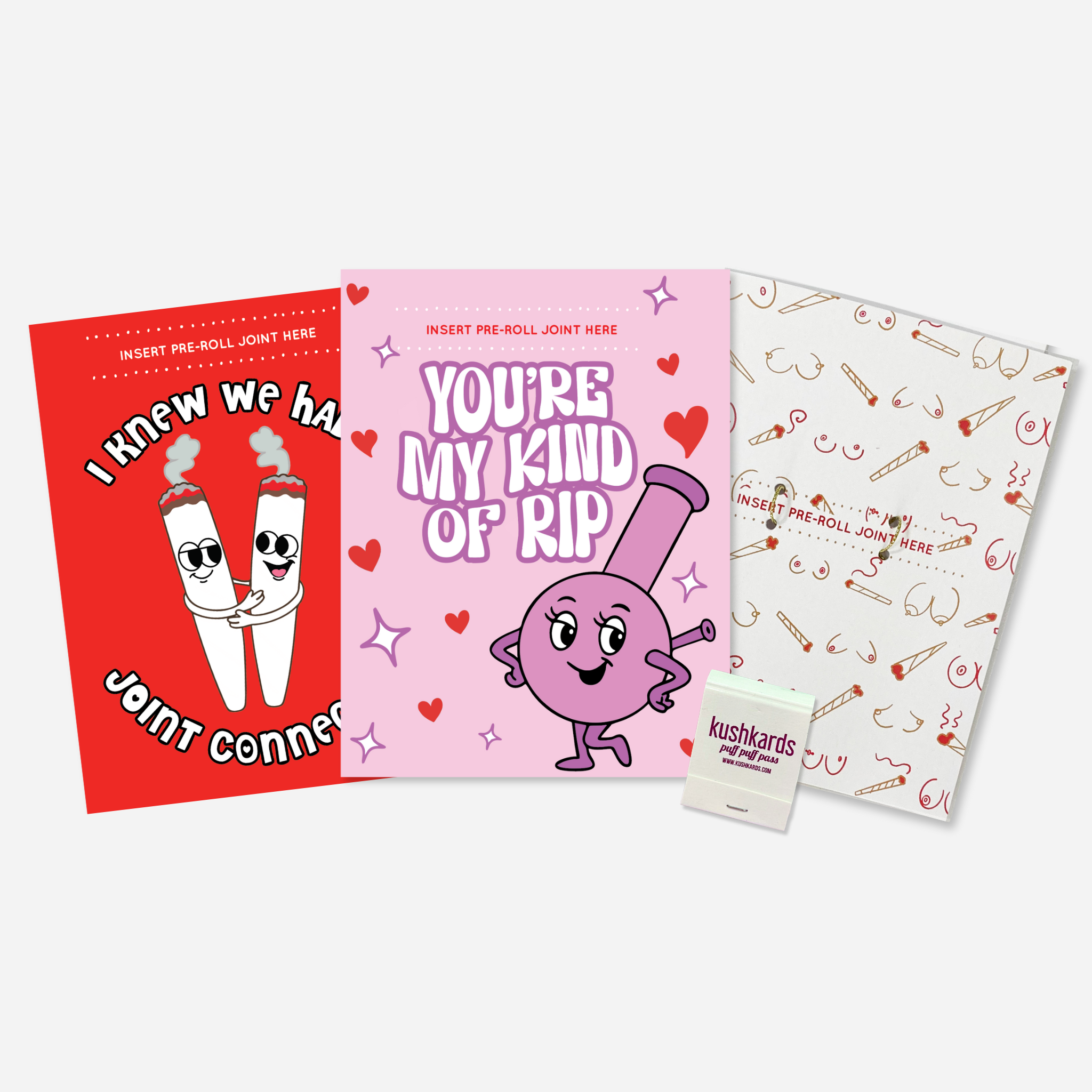 Valentine’s Day KushKards greeting card assortment featuring three cannabis-themed designs with built-in pre-roll slots for dispensary gifting
